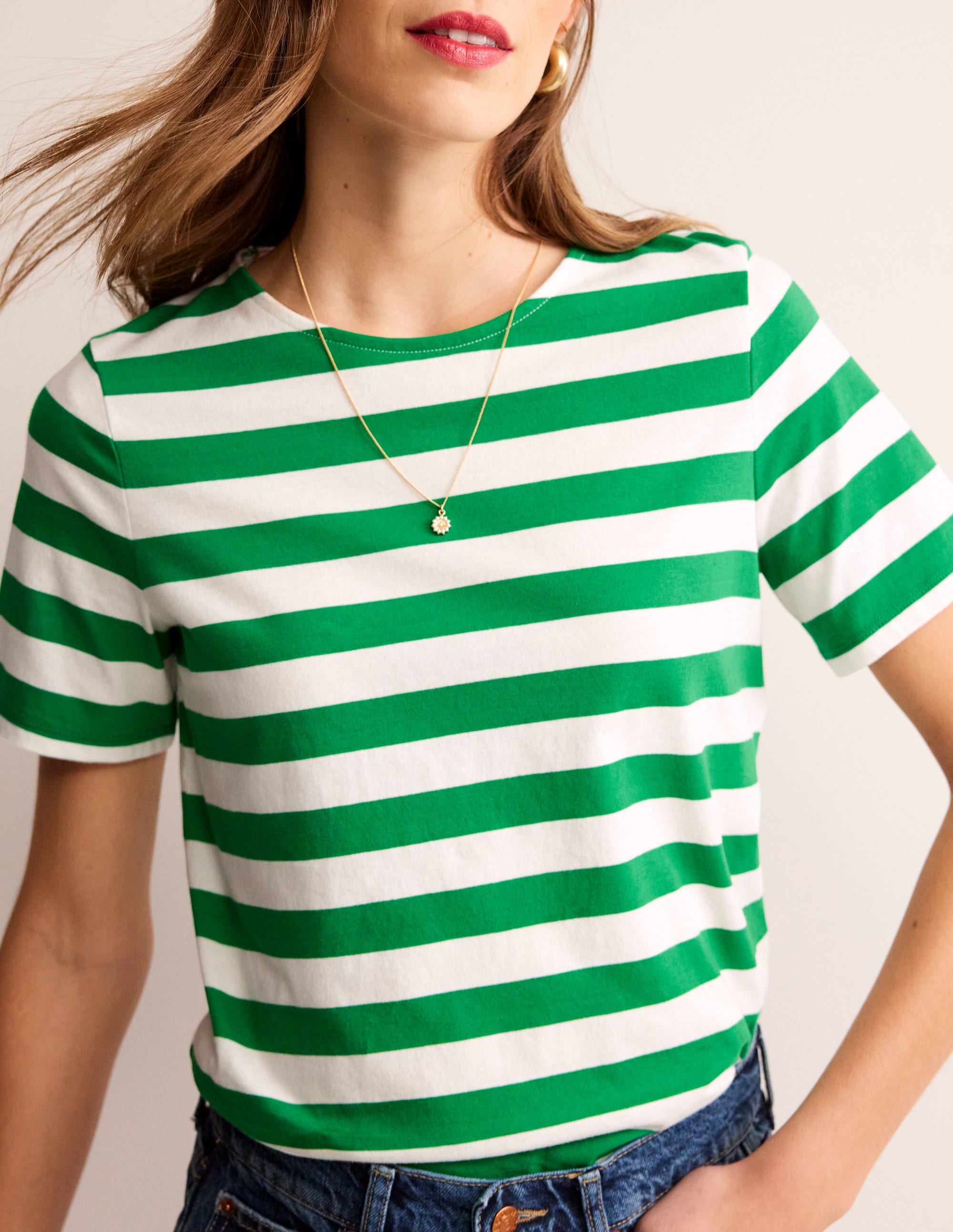 Bea Short Sleeve Breton-Ivory, Green Stripe - Image 4