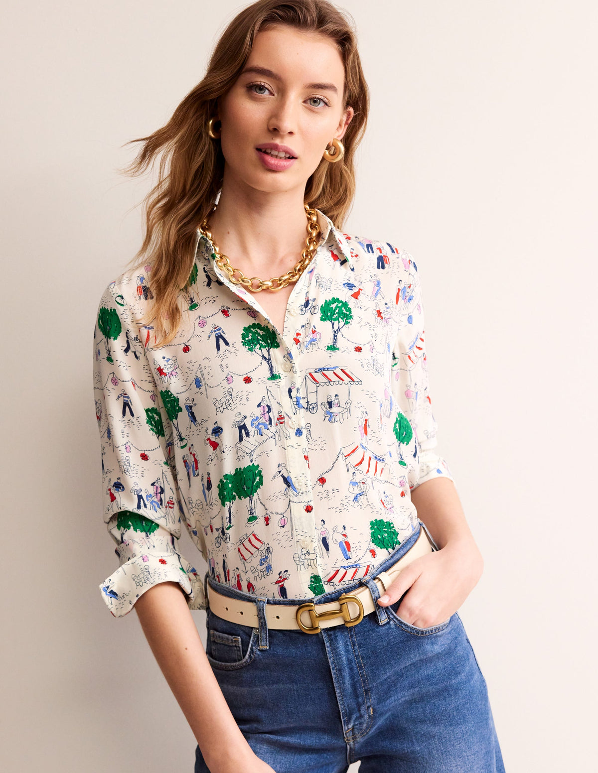 Sienna Silk Shirt-Ivory, Paris Scene - Image 1