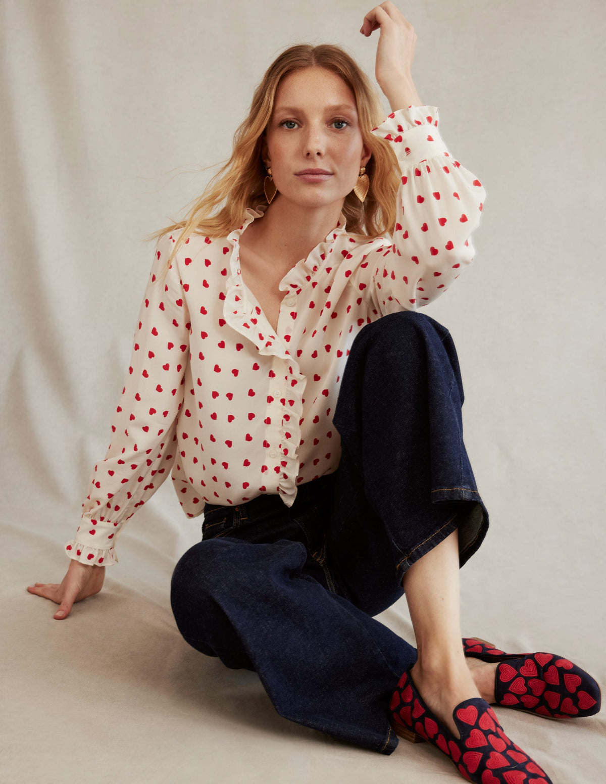 Ruffle Neck Silk Blouse-Ivory, Love Heart - Image 5