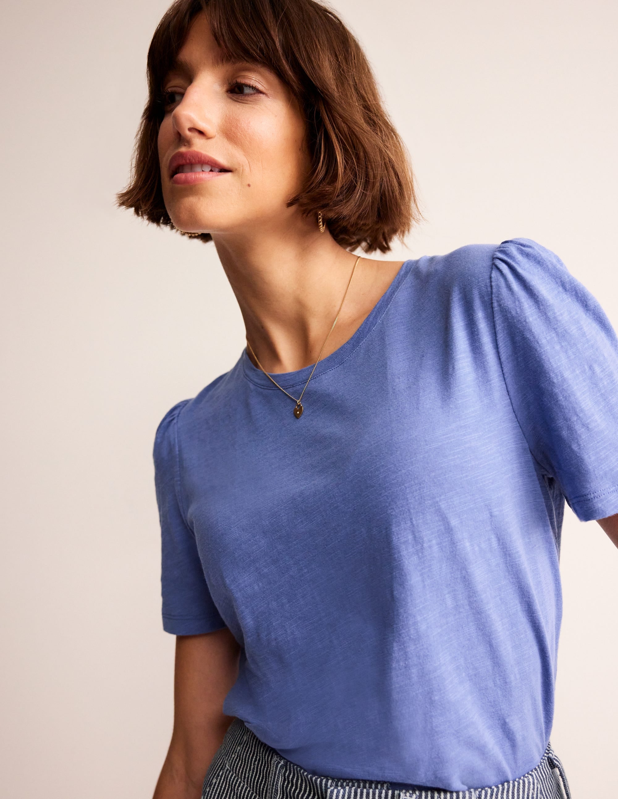 T-shirt en coton à manches bouffantes-Bleu marée - Image 1