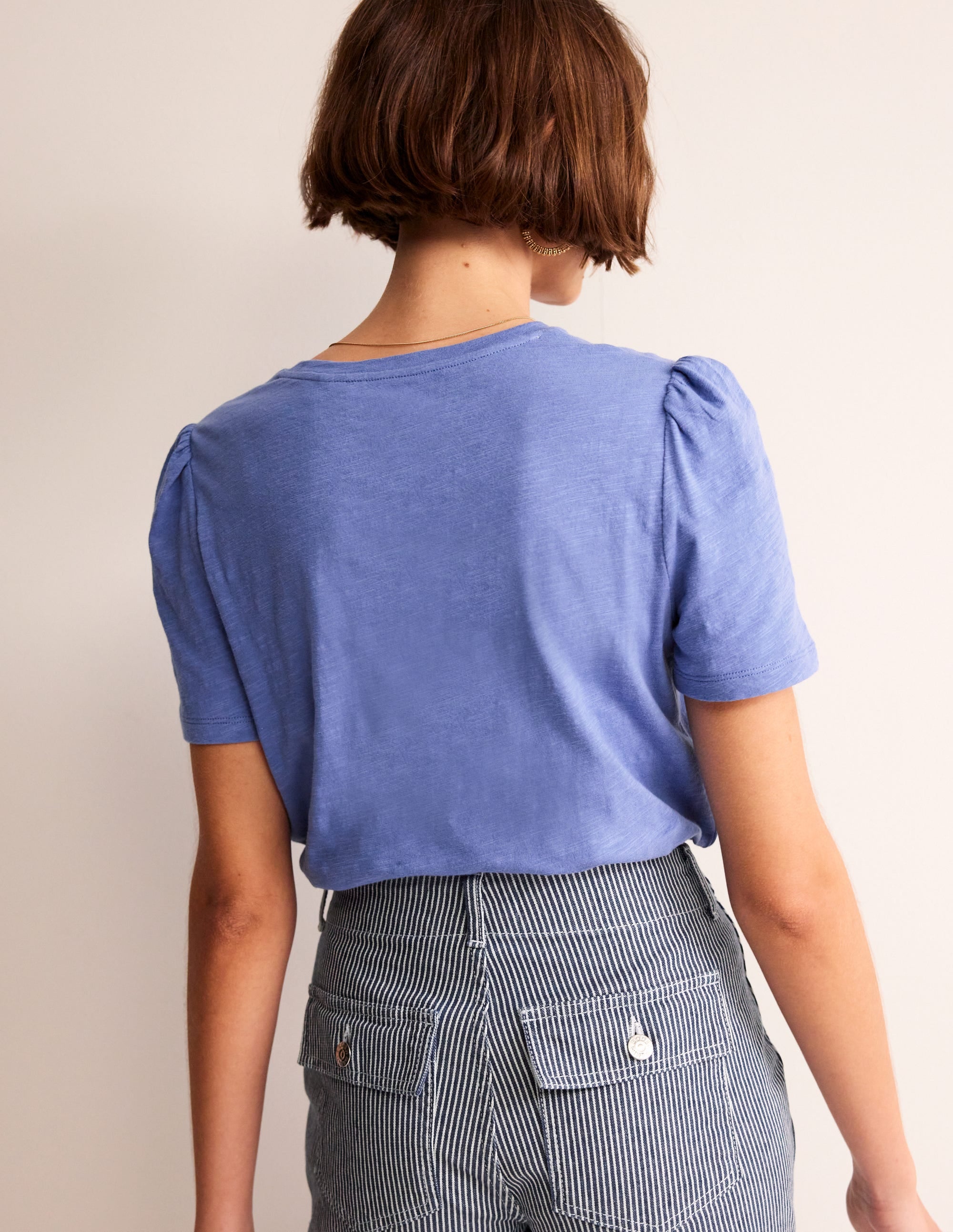 T-shirt en coton à manches bouffantes-Bleu marée - Image 3