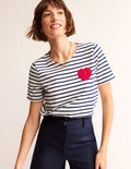 Häkel-T-Shirt-Naturweiß, Marineblau Herz