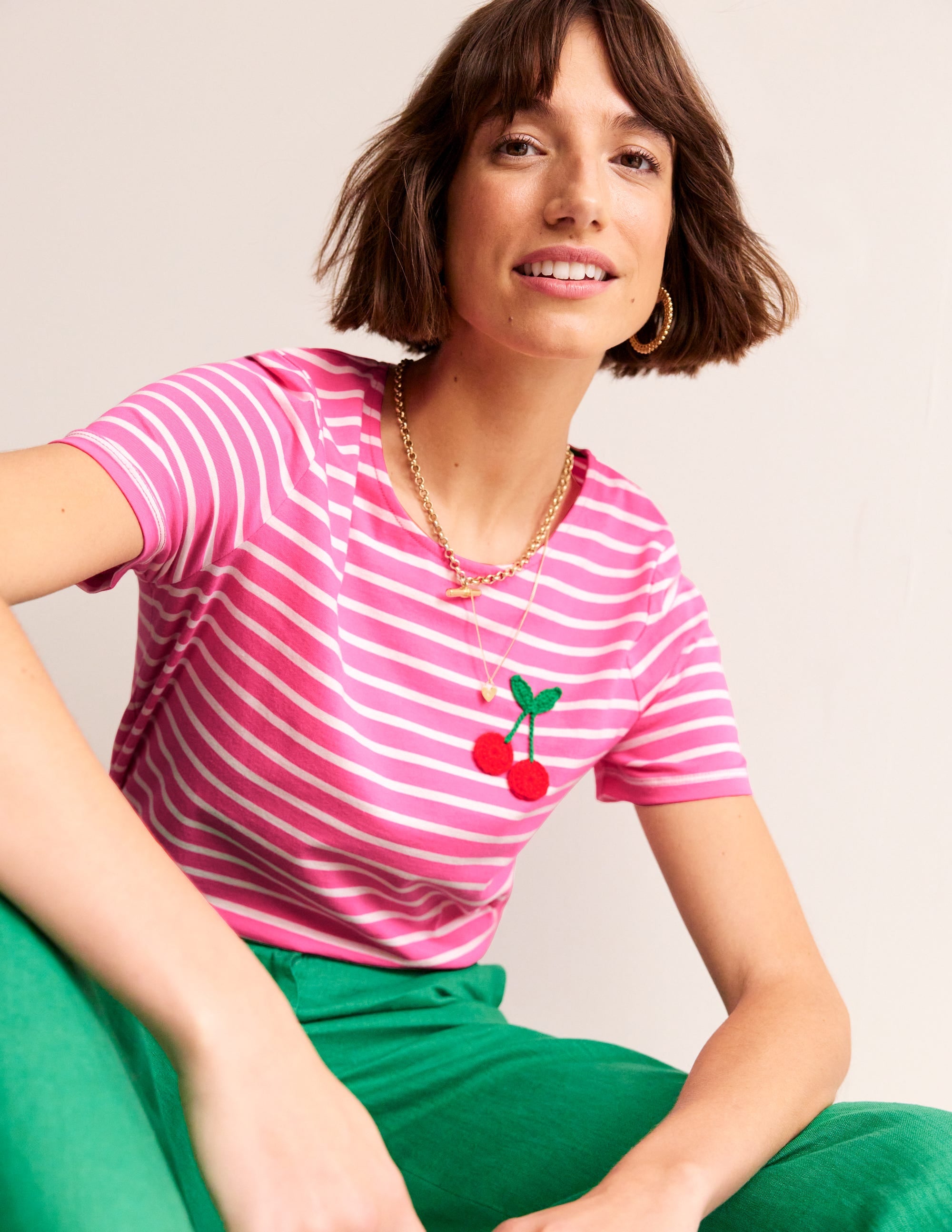 Häkel-T-Shirt-Rosa, Naturweiß Kirschen - Image 1