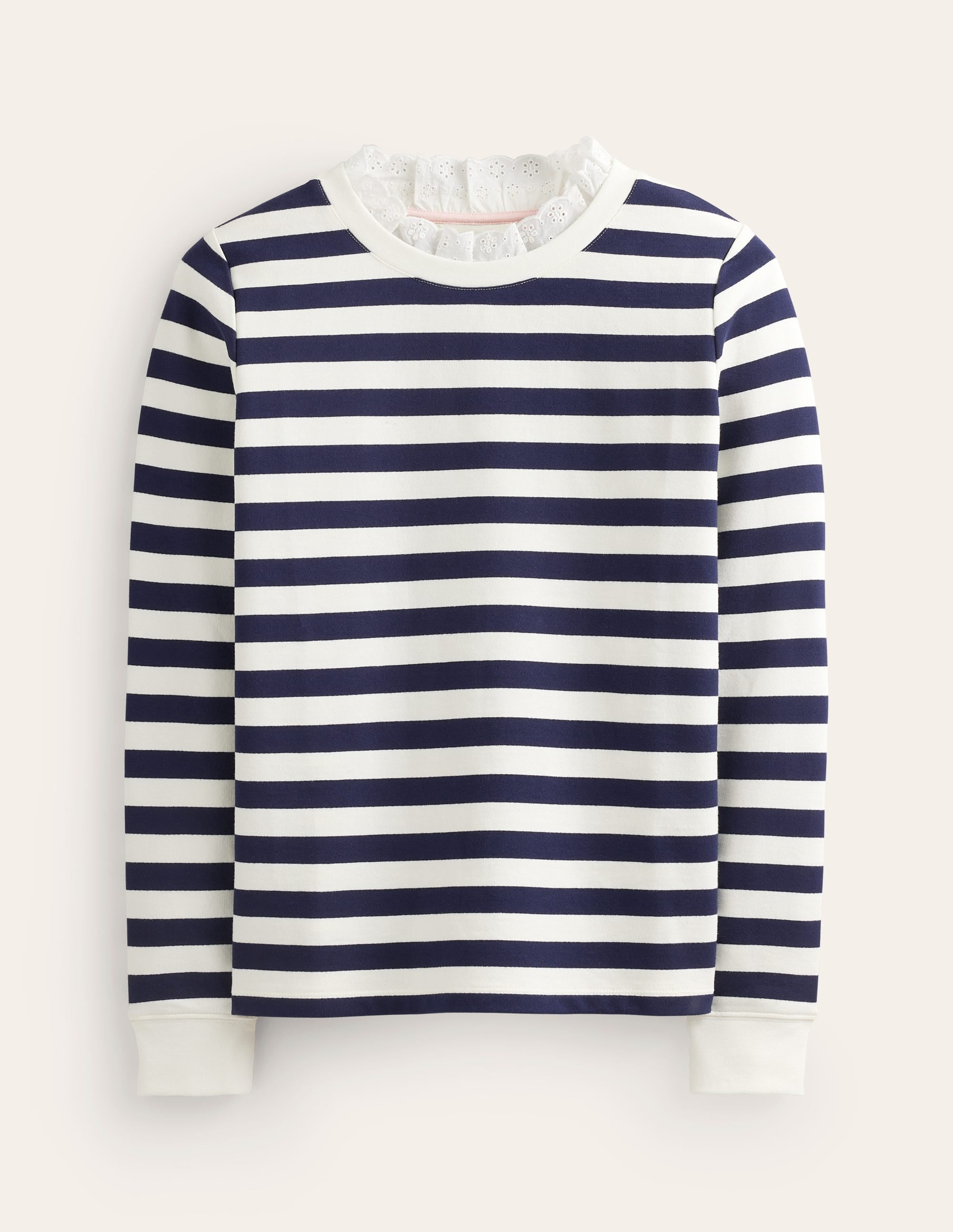 Sweatshirt mit Lochstickerei-Besatz-Naturweiß, Marineblau Gestreift - Image 5
