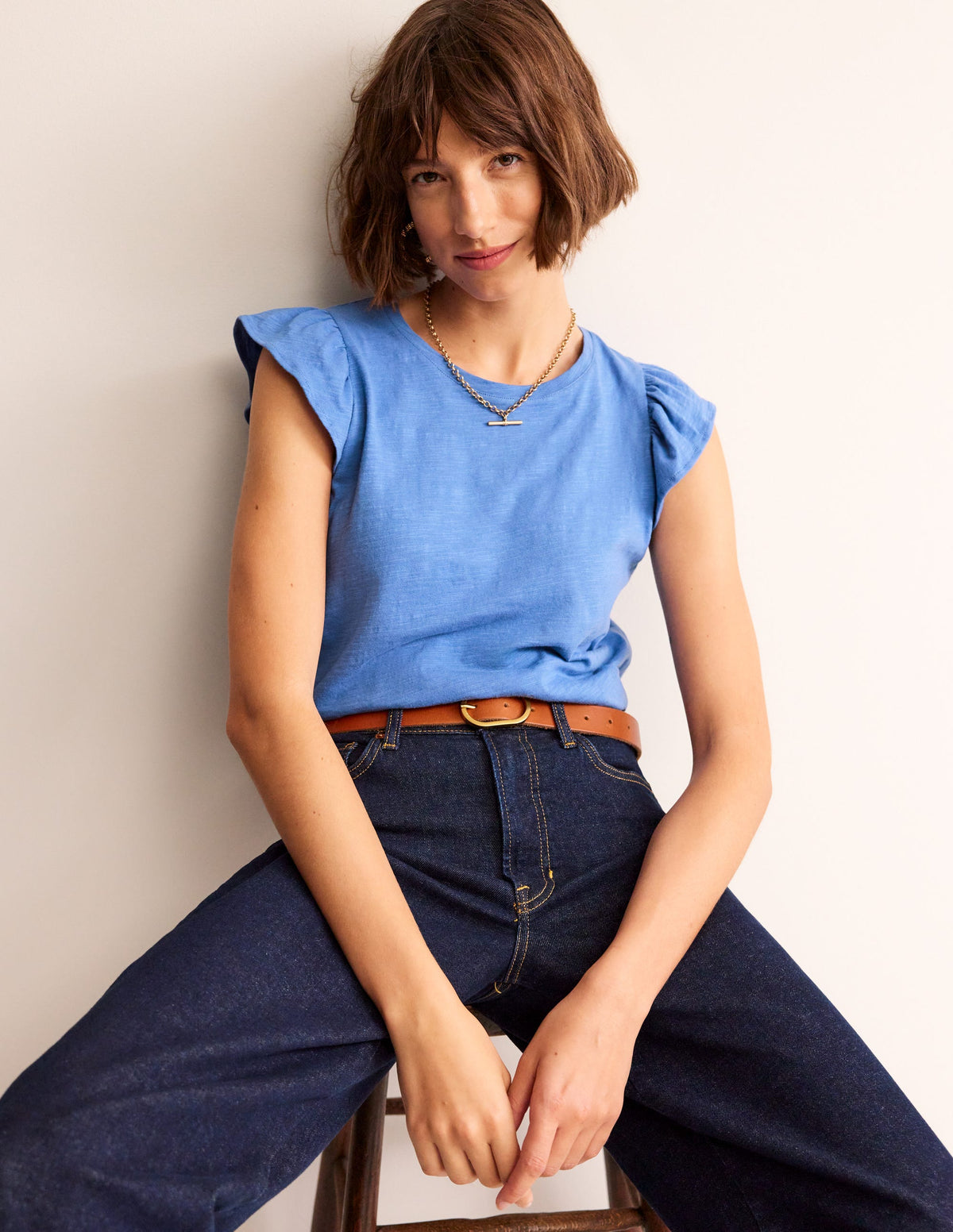 Baumwoll-T-Shirt mit Flatterärmeln-Ebbe und Flut Blau - Image 4