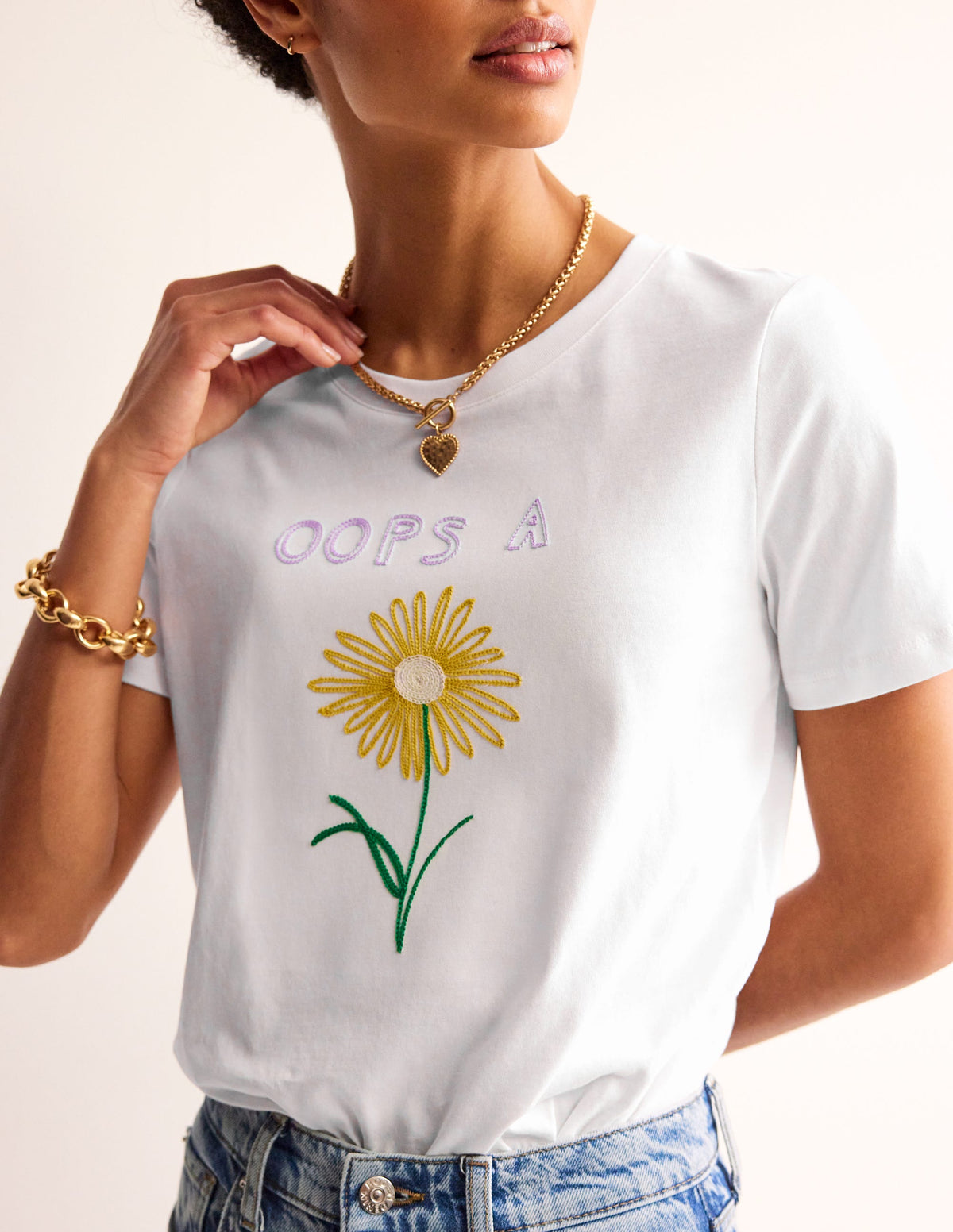 T-shirt Rosa brodé-Blanc, motif Oops A Daisy-2