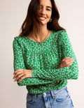Top manches longues à détails volantés-Vert tambourin, motif Ditsy Bud