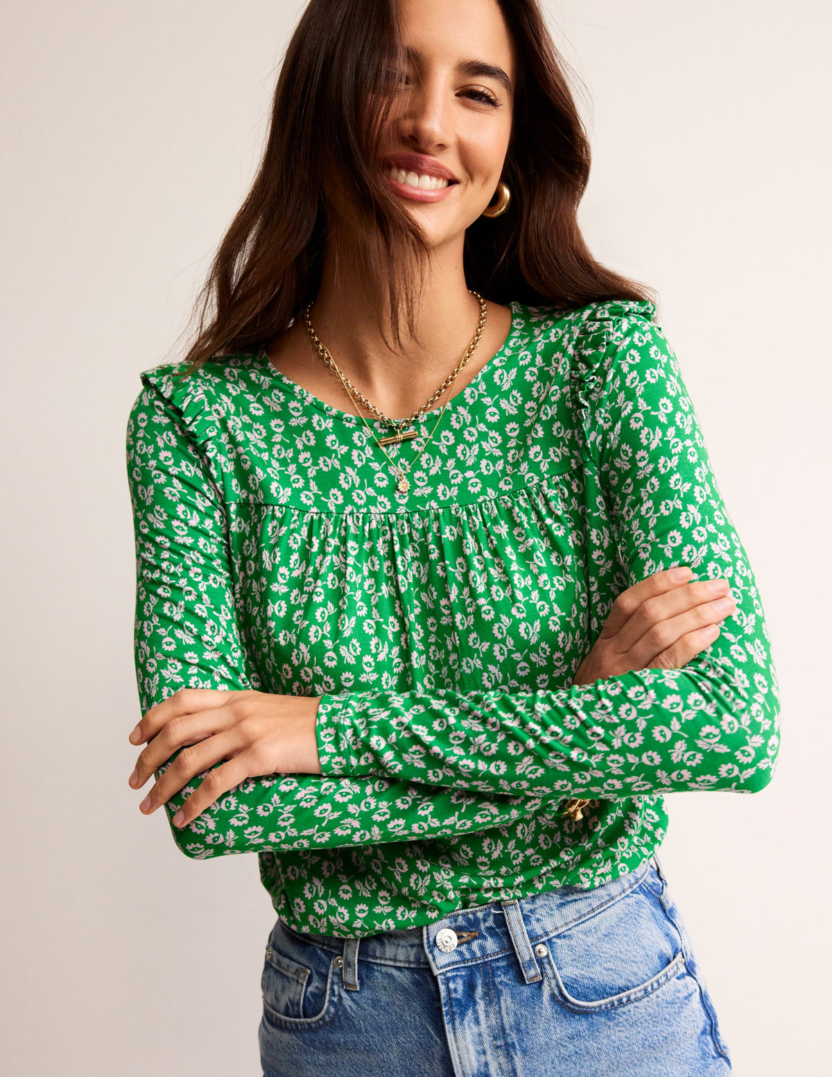 Top manches longues à détails volantés-Vert tambourin, motif Ditsy Bud-1