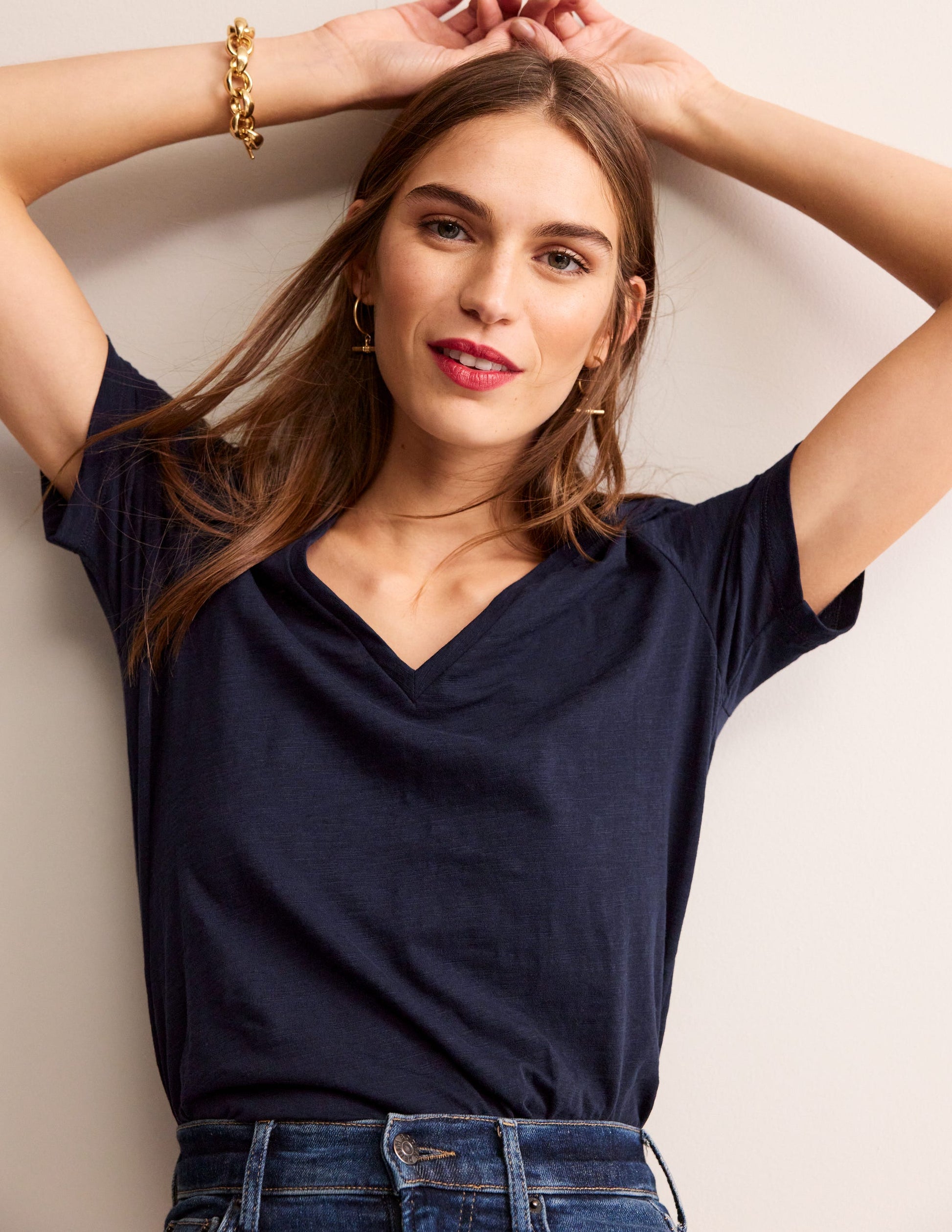 Regular V-Neck Slub T-shirt-Navy-4