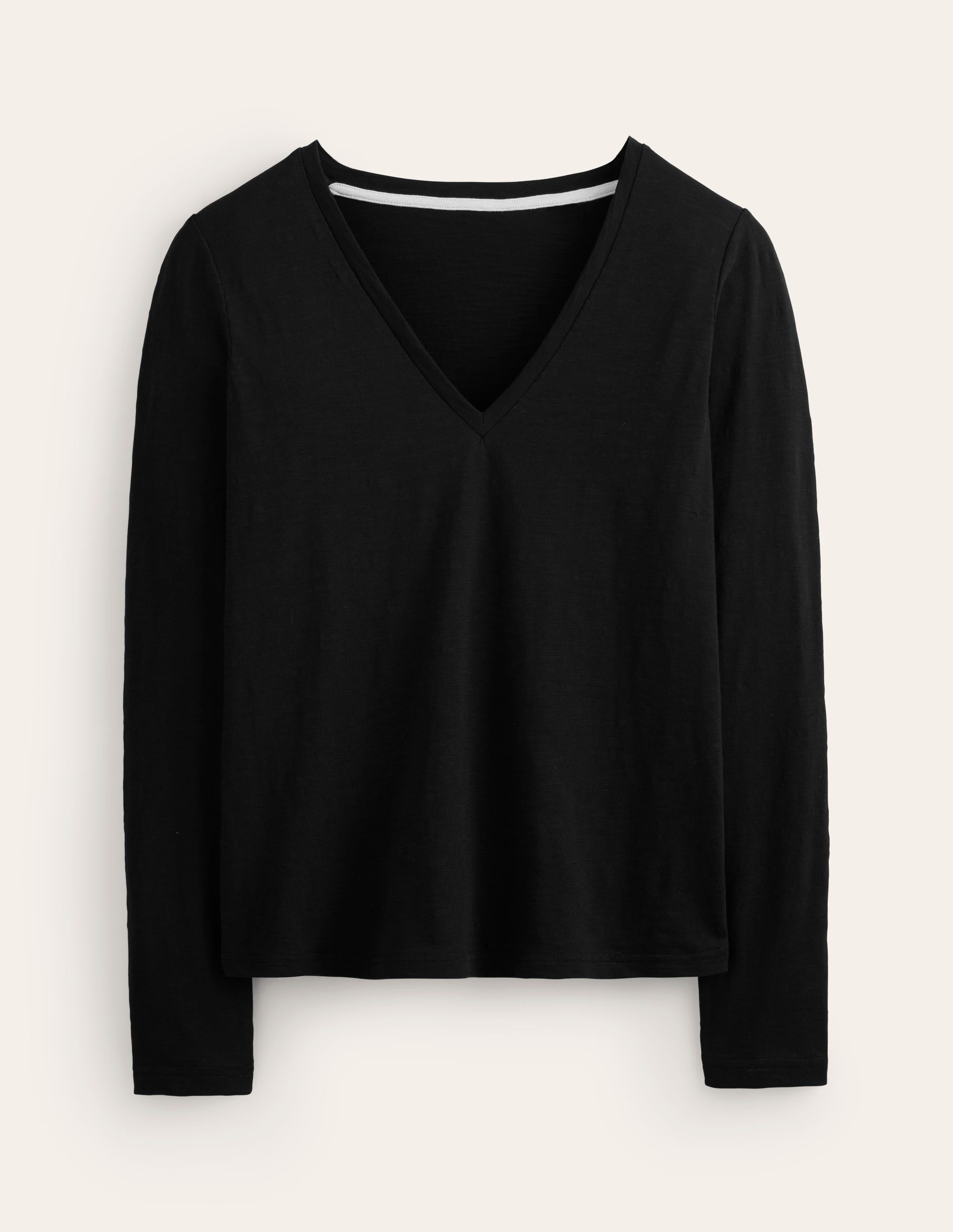 Cotton V-Neck Long Sleeve Top-Black - Image 5