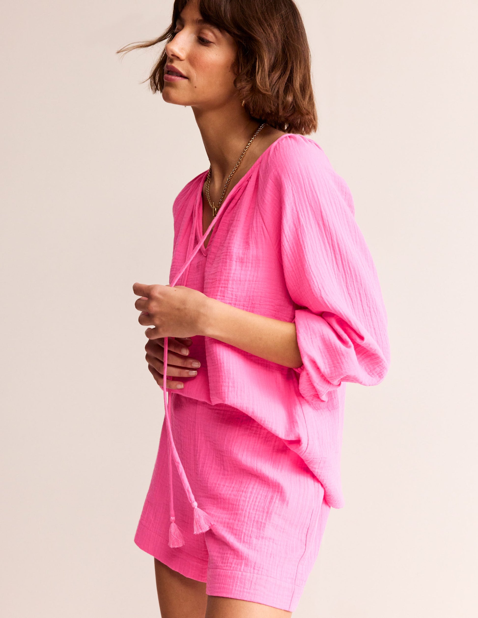 Doublecloth Blouson Sleeve Top-Sangria Sunset-2