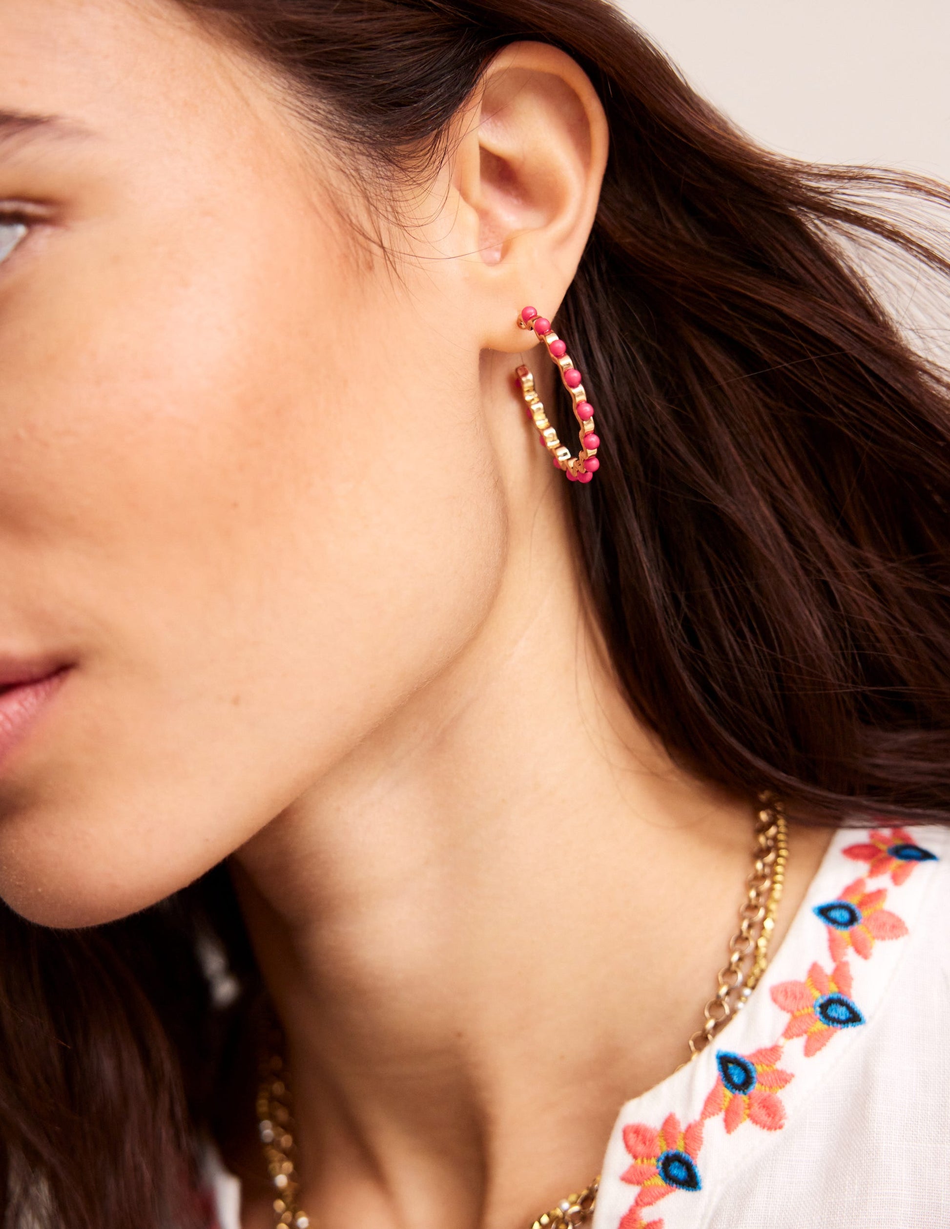 Wire Bead Hoop Earrings-Pink-2