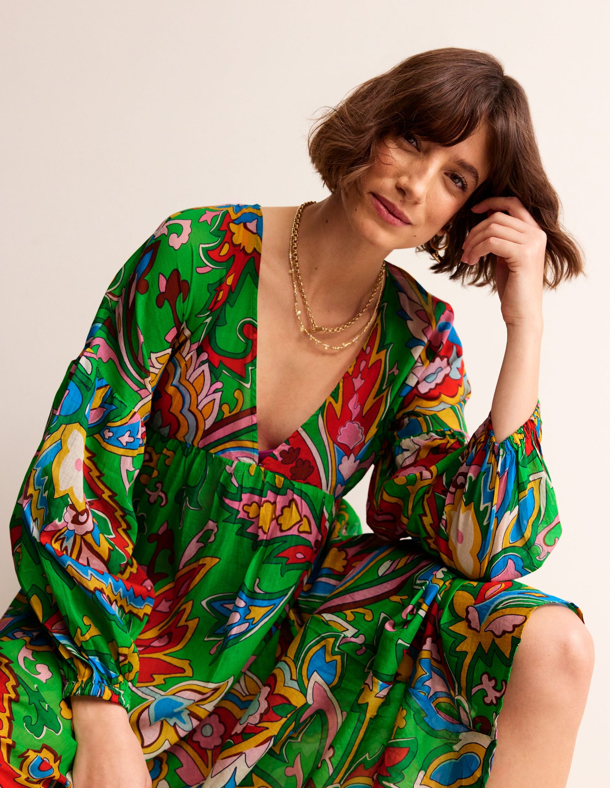 Robe longue Sarah façon caftan-Vert, motif Rose Blush-1