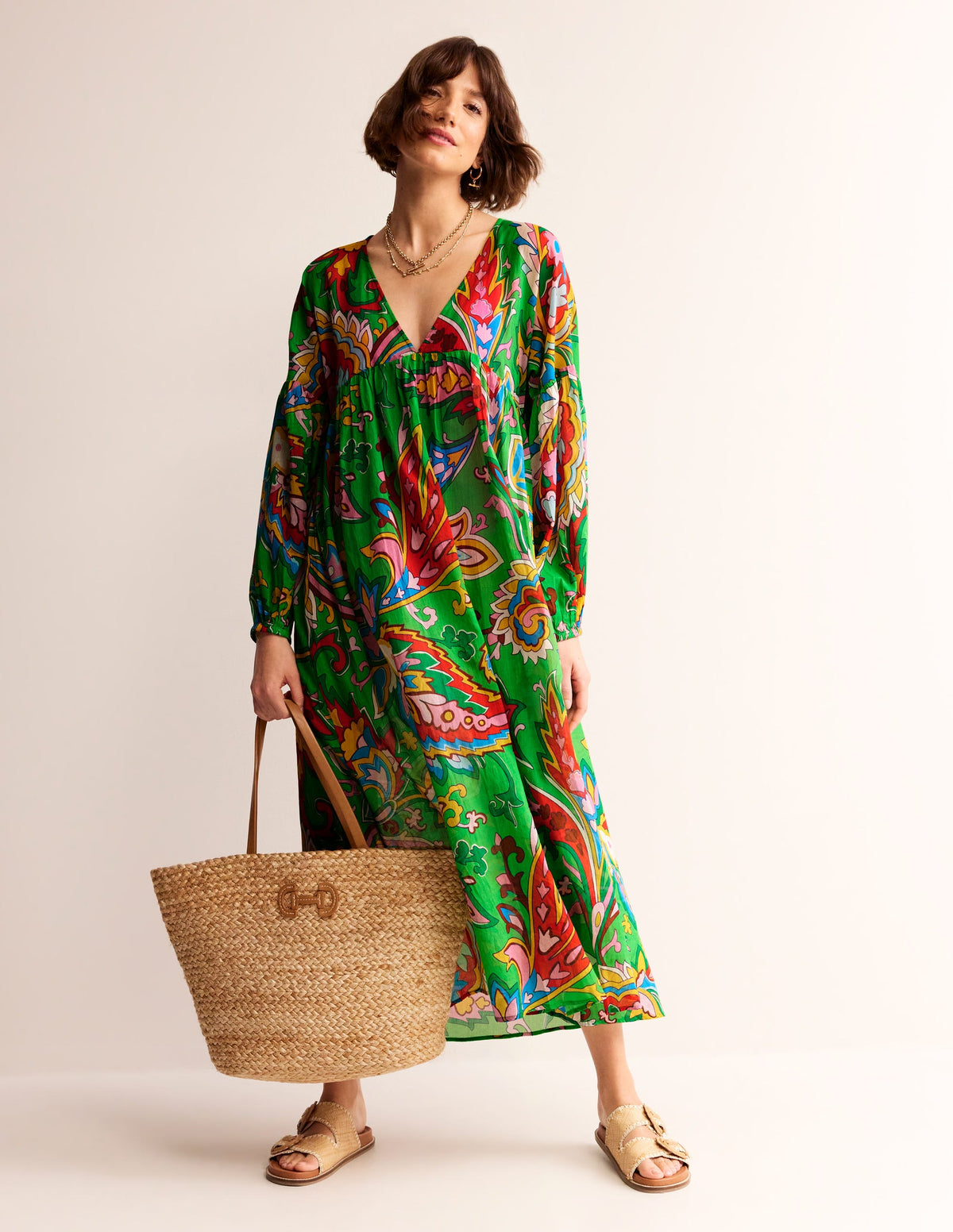 Robe longue Sarah façon caftan-Vert, motif Rose Blush-2
