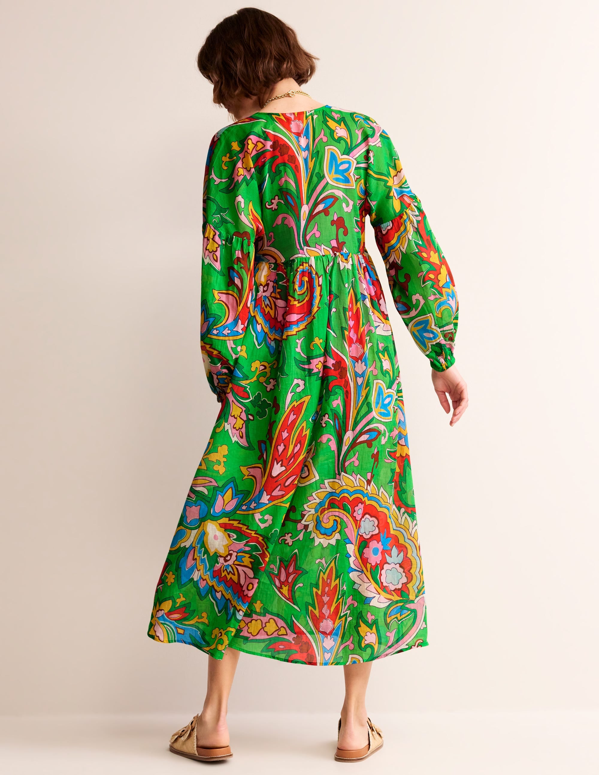 Robe longue Sarah façon caftan-Vert, motif Rose Blush - Image 4