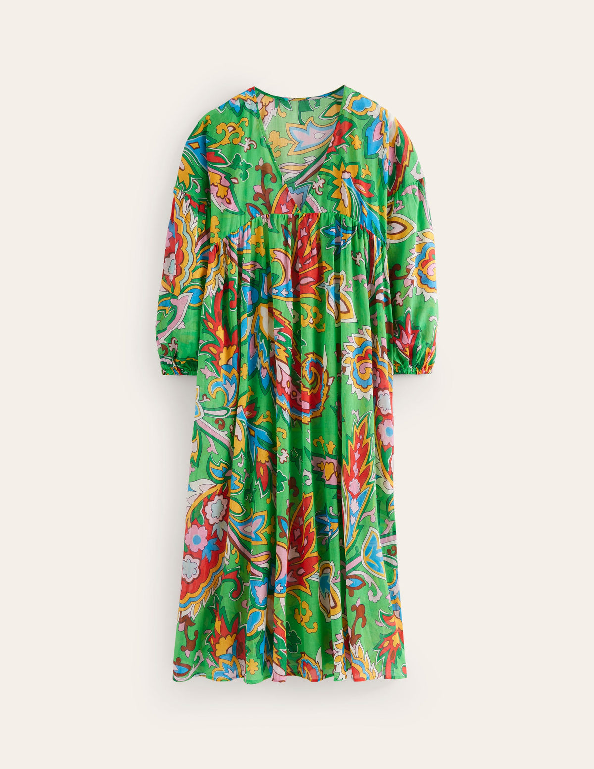 Robe longue Sarah façon caftan-Vert Kelly, motif Paisley Azure-5