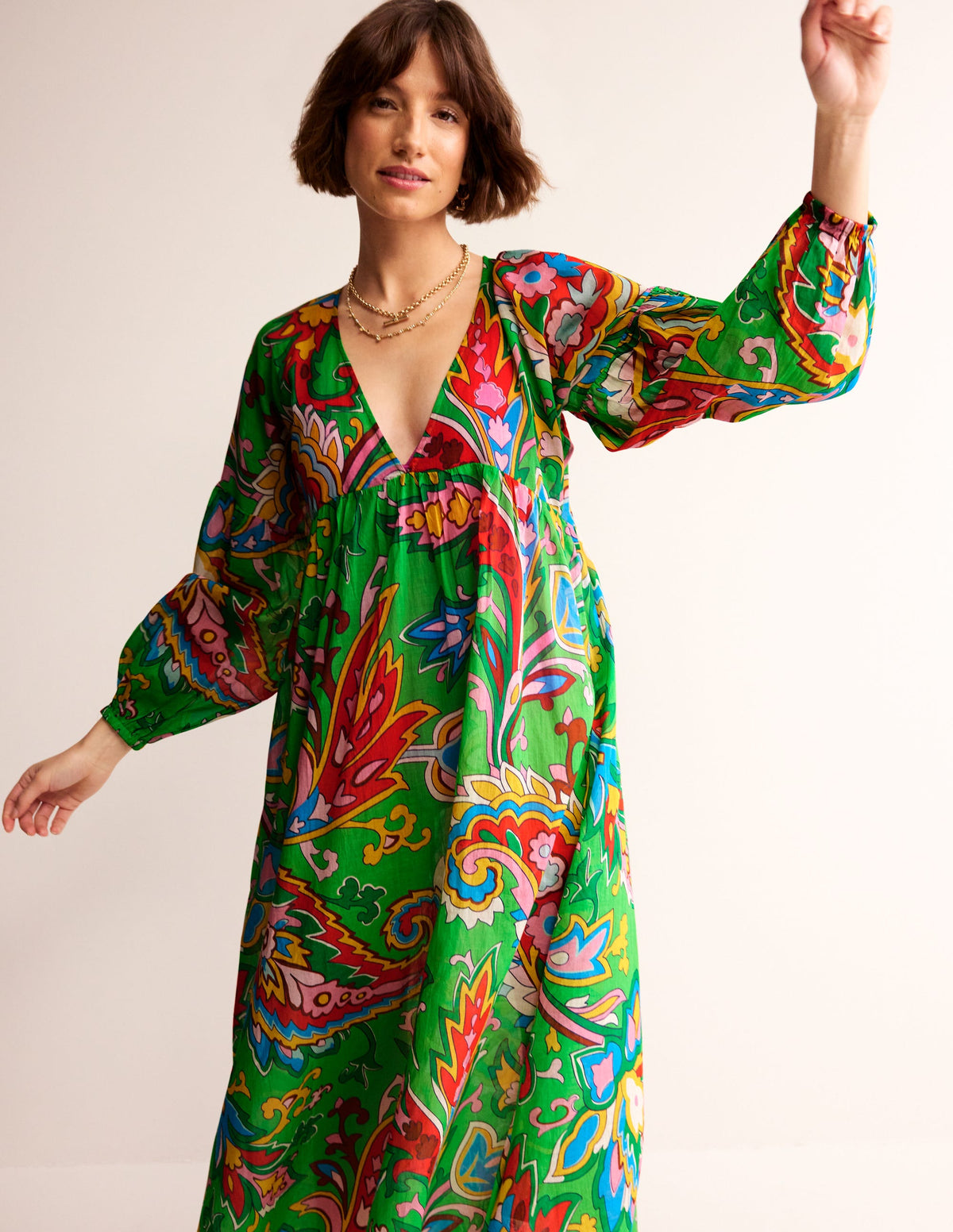 Robe longue Sarah façon caftan-Vert Kelly, motif Paisley Azure-3