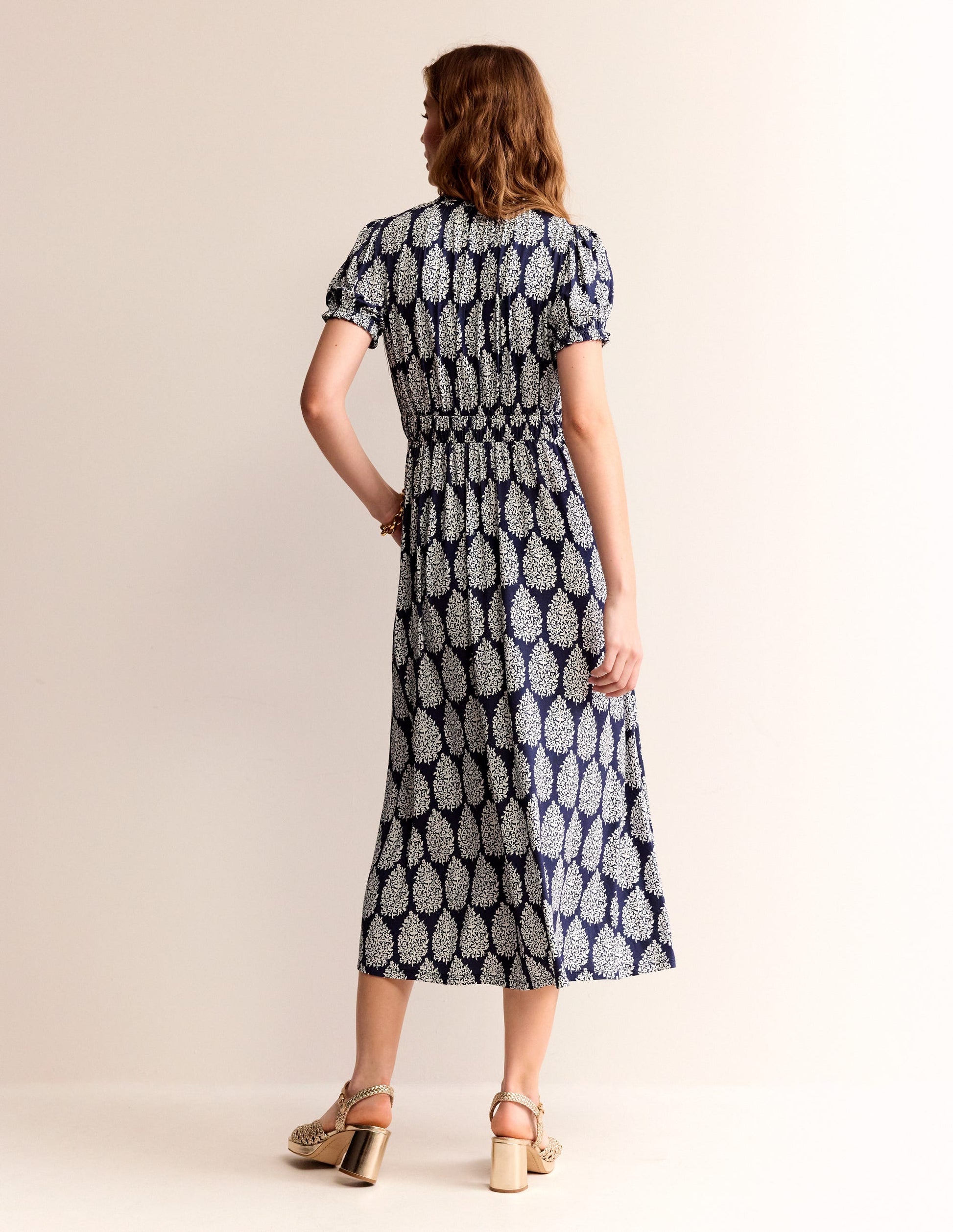 Rosanna Midi-Teekleid aus Jersey-Französisch-Marineblau, Blümchen-Paisley-3