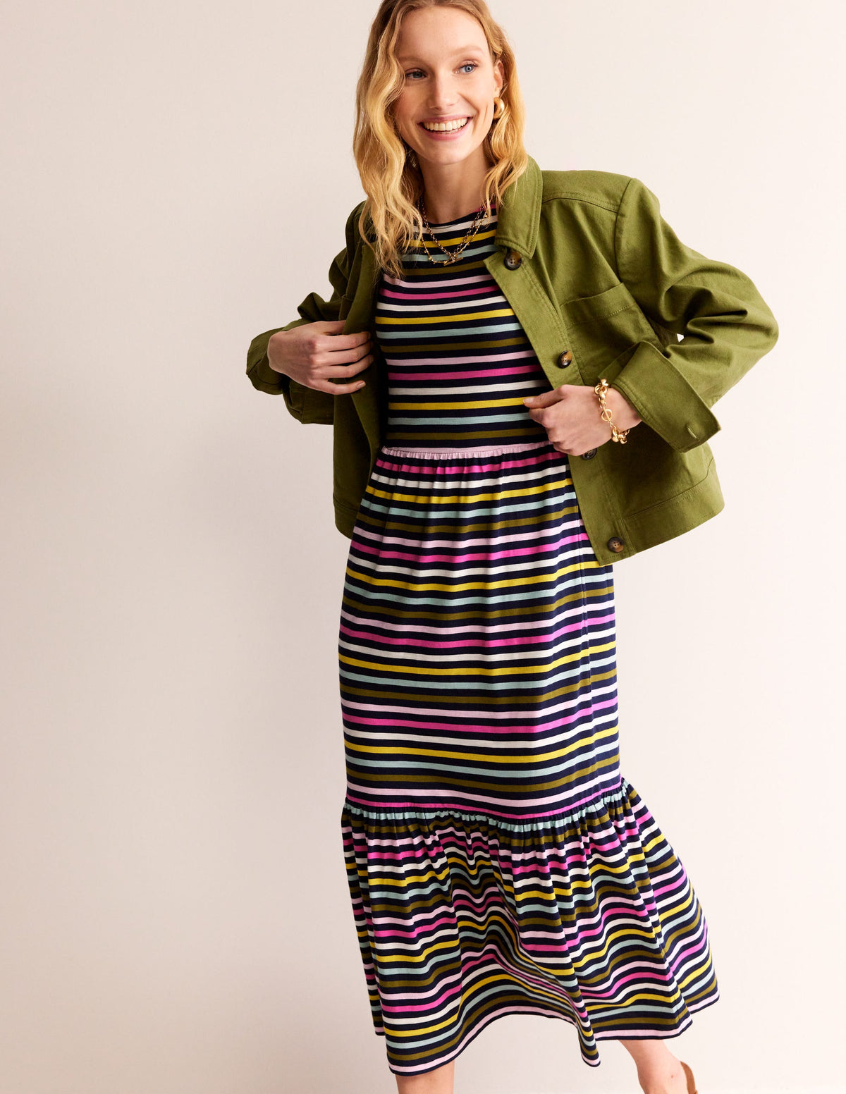 Robe midi Emma en jersey à volants-Bleu marine, rayé multi jaune - Image 4
