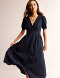 Robe midi style 40s à broderie anglaise-Bleu marine