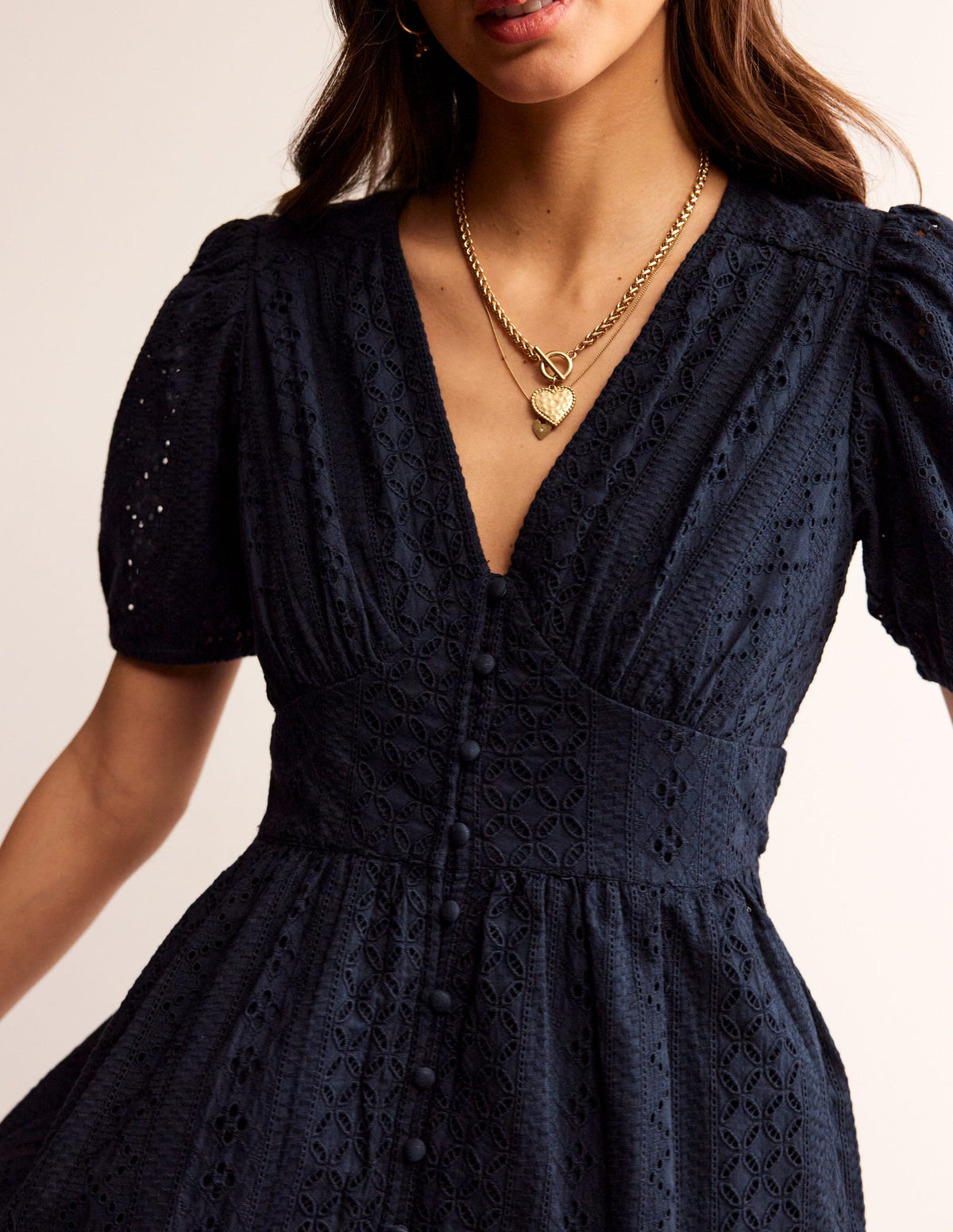 Robe midi style 40s à broderie anglaise-Bleu marine-2
