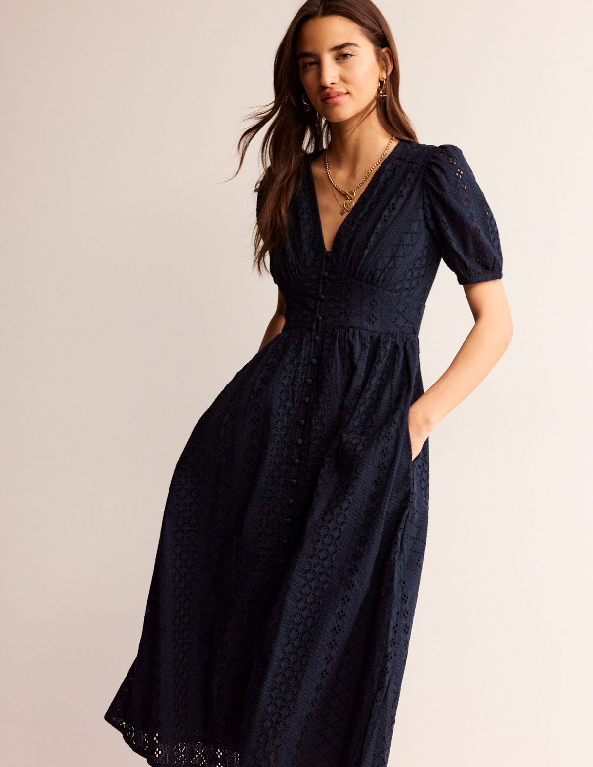 Robe midi style 40s à broderie anglaise-Bleu marine-4