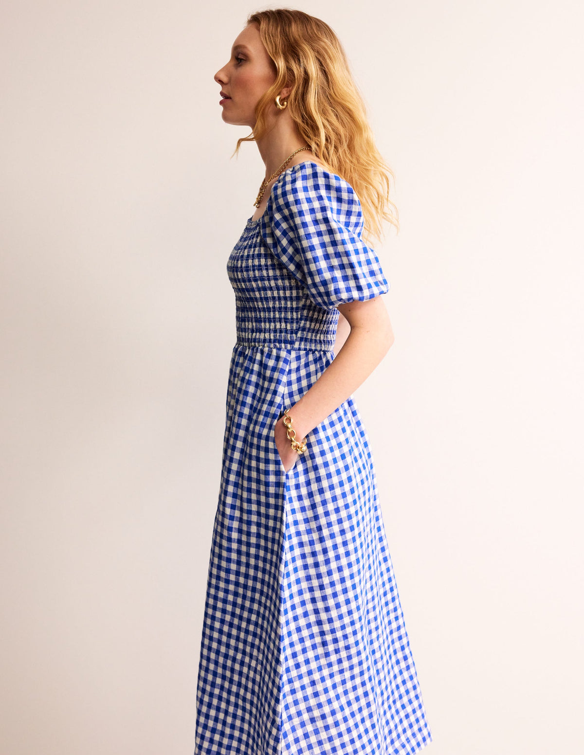 Sky Gesmoktes Midikleid aus Leinen-Blau Karo-1