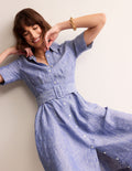 Robe-chemise midi Louise en lin-Chambray bleu authentique