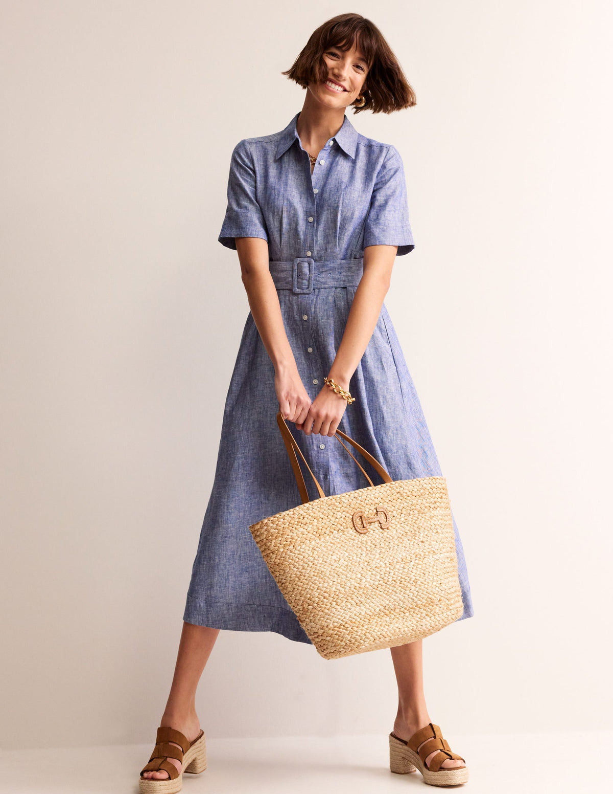 Robe-chemise midi Louise en lin-Chambray bleu authentique-2