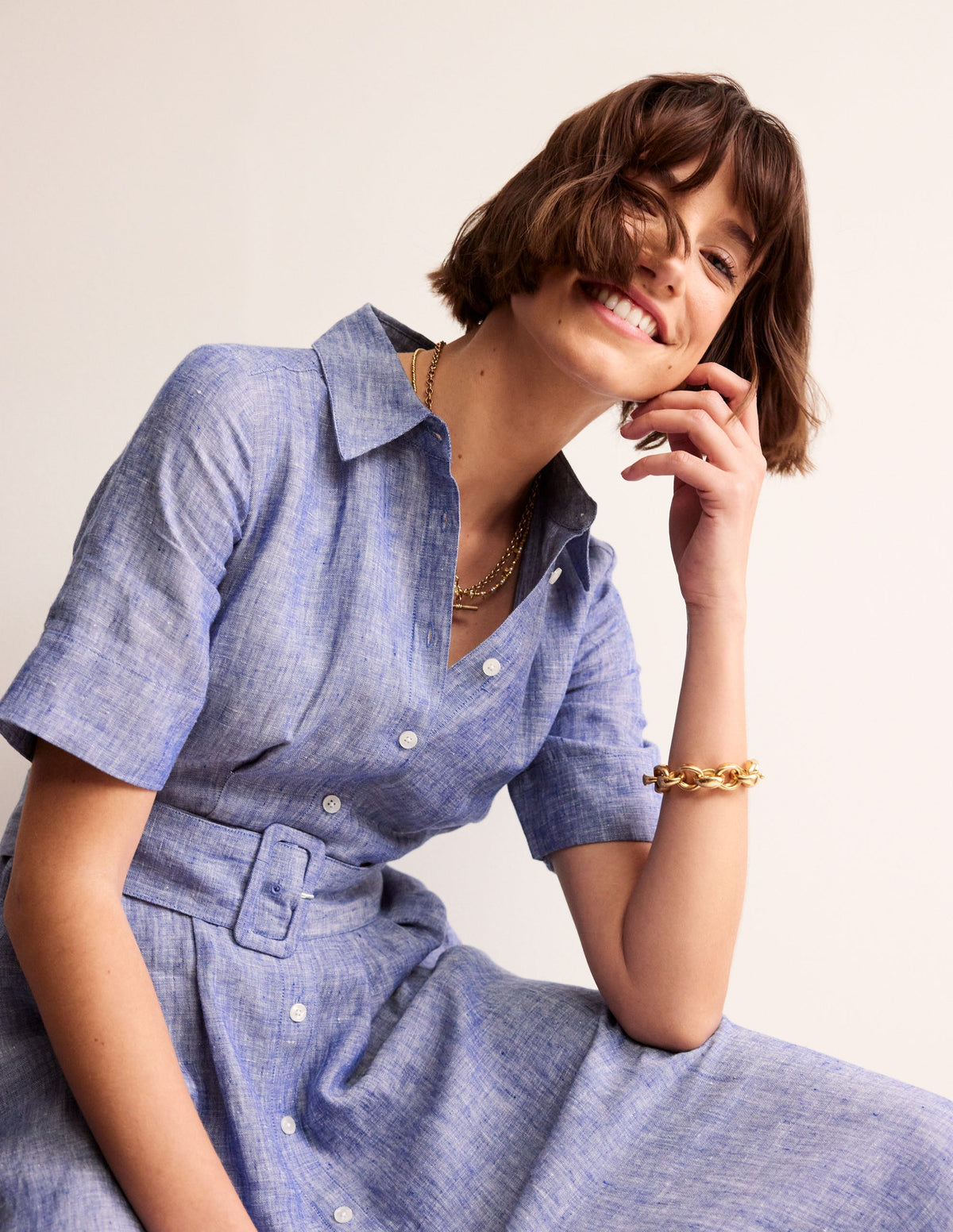 Robe-chemise midi Louise en lin-Chambray bleu authentique-3