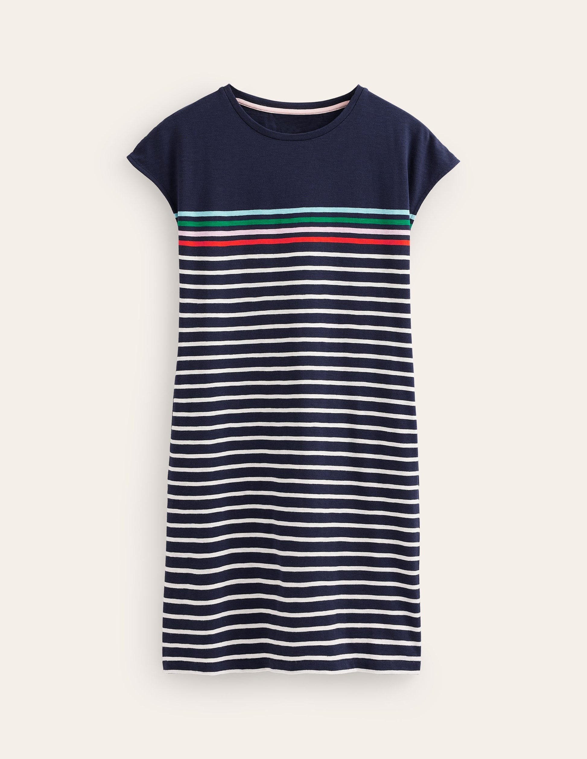 Leah T-Shirt-Kleid aus Jersey-Marineblau, Naturweiß Bunt Streifen-5