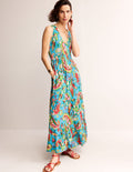 Robe longue Sylvia à volants en jersey-Bleu vif, motif Paisley Azure