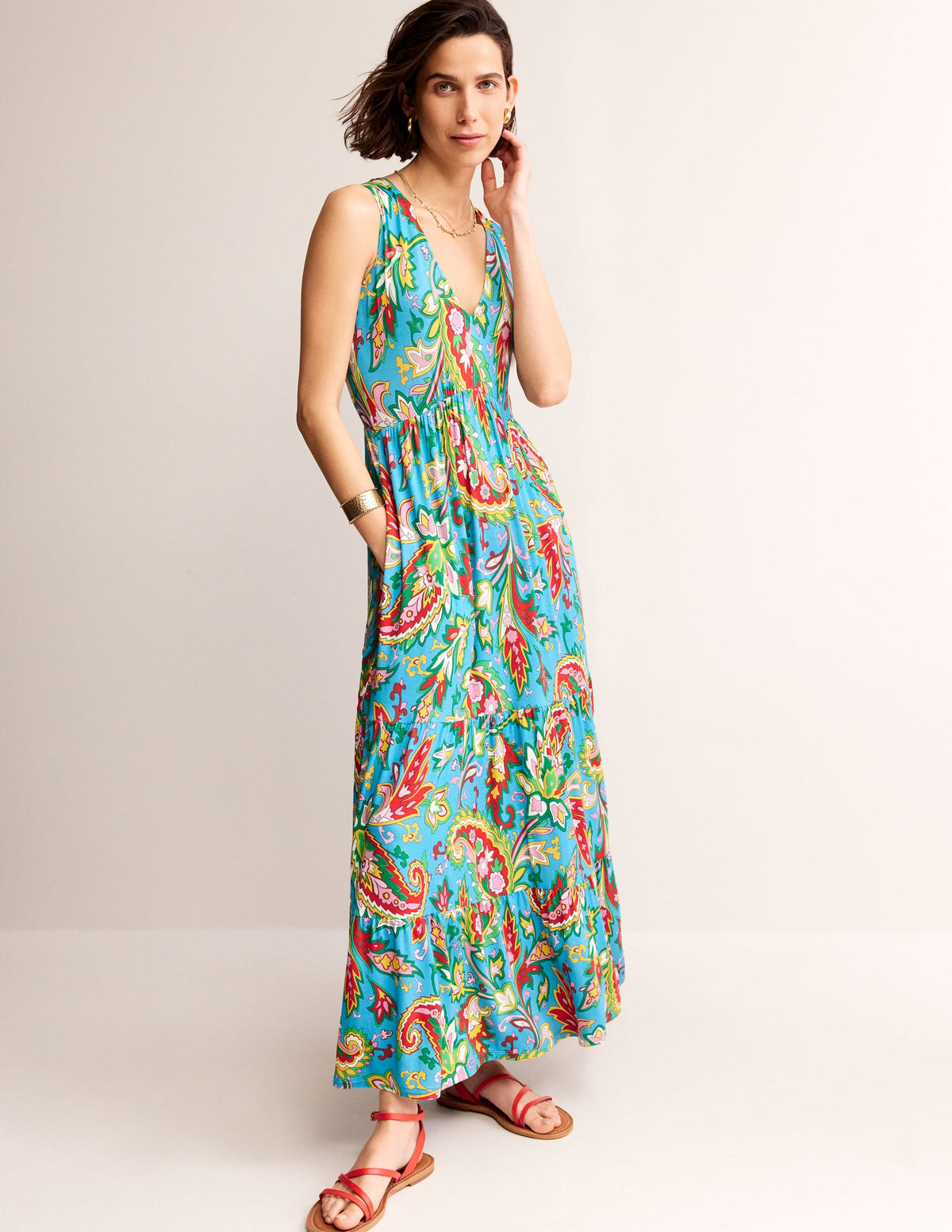 Robe longue Sylvia à volants en jersey-Bleu vif, motif Paisley Azure - Image 1