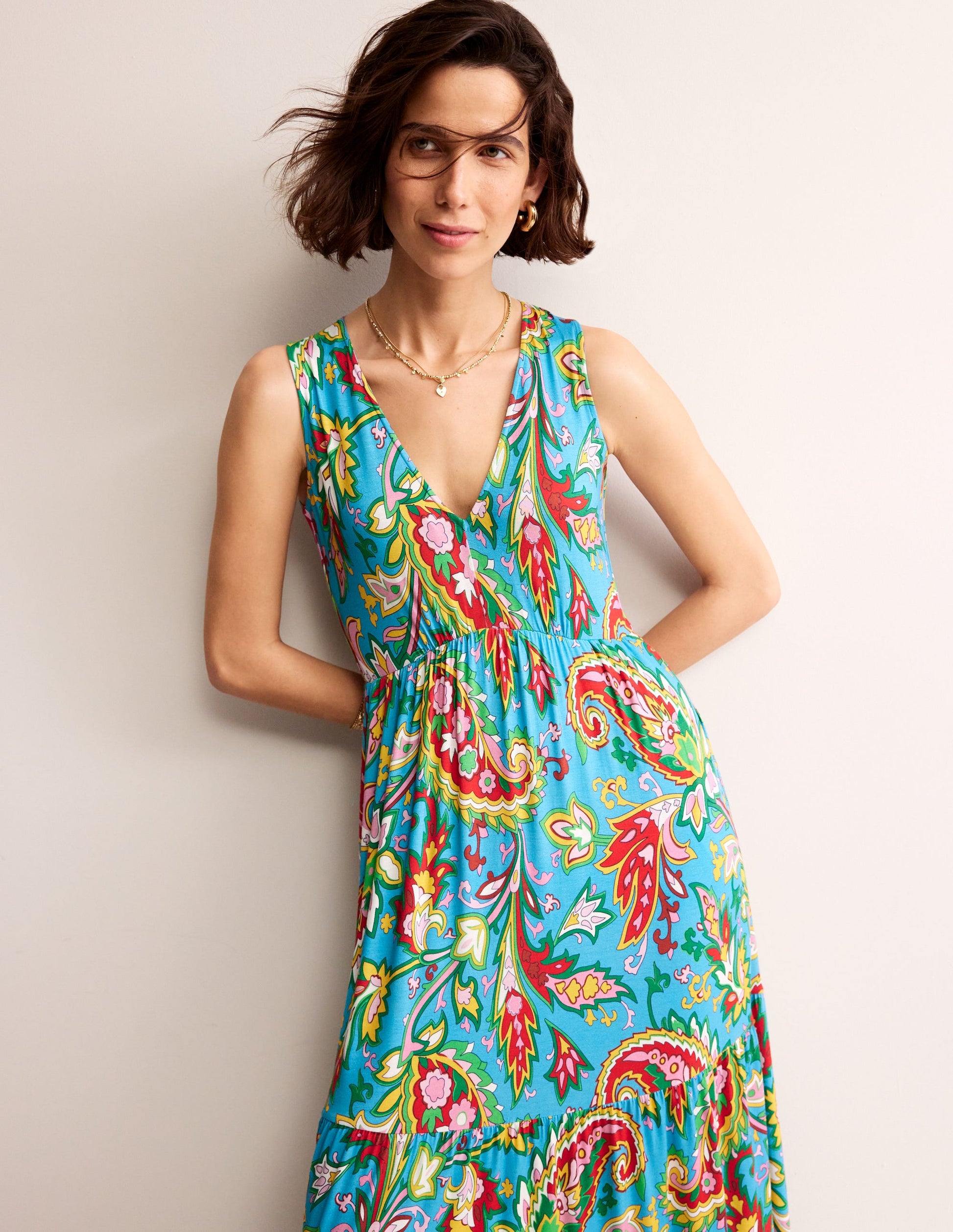 Robe longue Sylvia à volants en jersey-Bleu vif, motif Paisley Azure-2