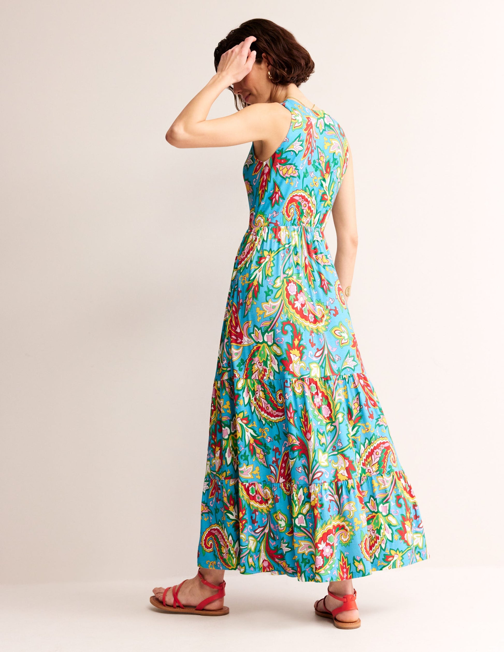 Robe longue Sylvia à volants en jersey-Bleu vif, motif Paisley Azure-3