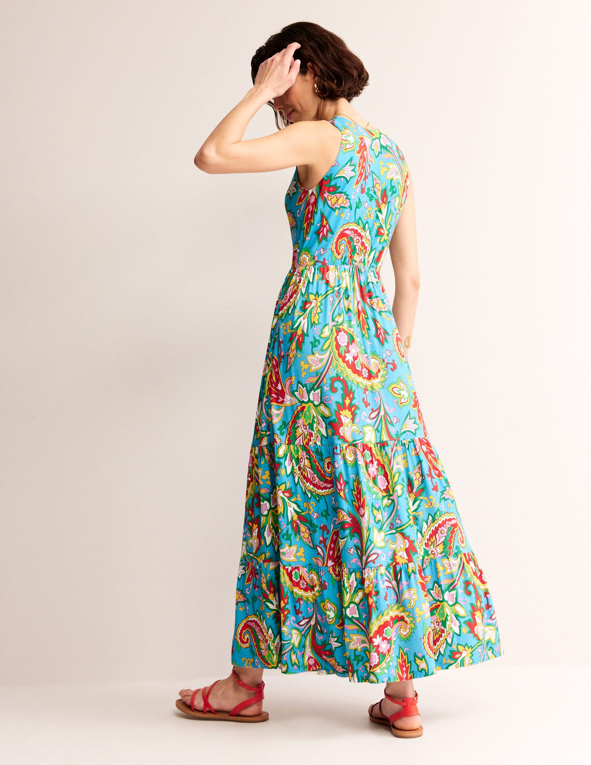 Robe longue Sylvia à volants en jersey-Bleu vif, motif Paisley Azure - Image 3