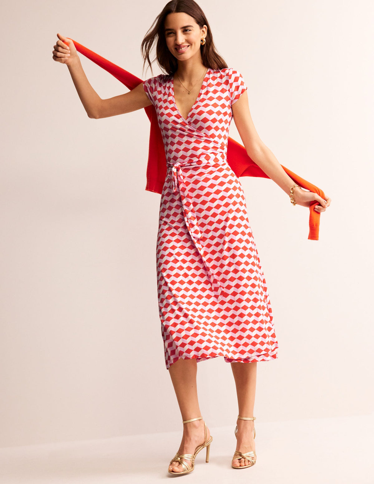 Robe portefeuille Joanna à mancherons-Rouge, motif Diamond Cube - Image 1