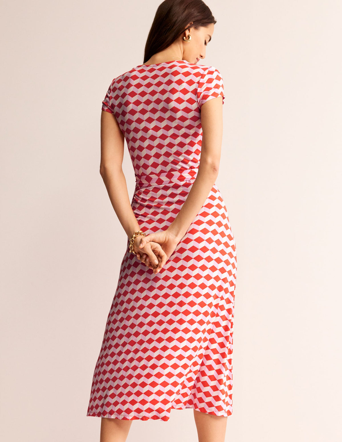 Robe portefeuille Joanna à mancherons-Rouge, motif Diamond Cube - Image 3