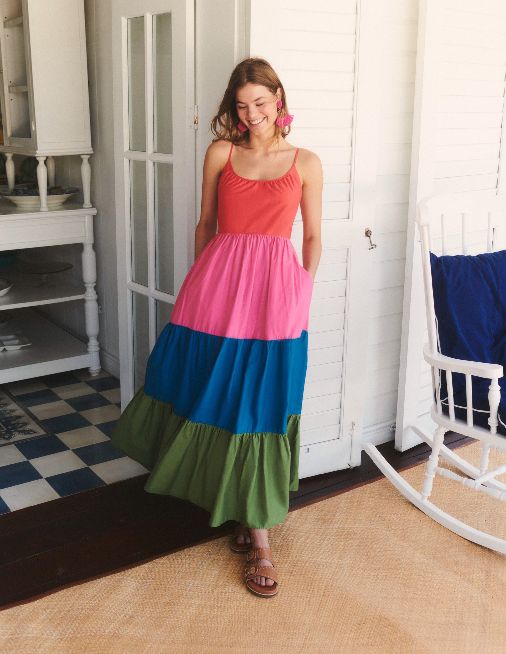 Trapez-Maxikleid aus Baumwolle-Blockfarben-5