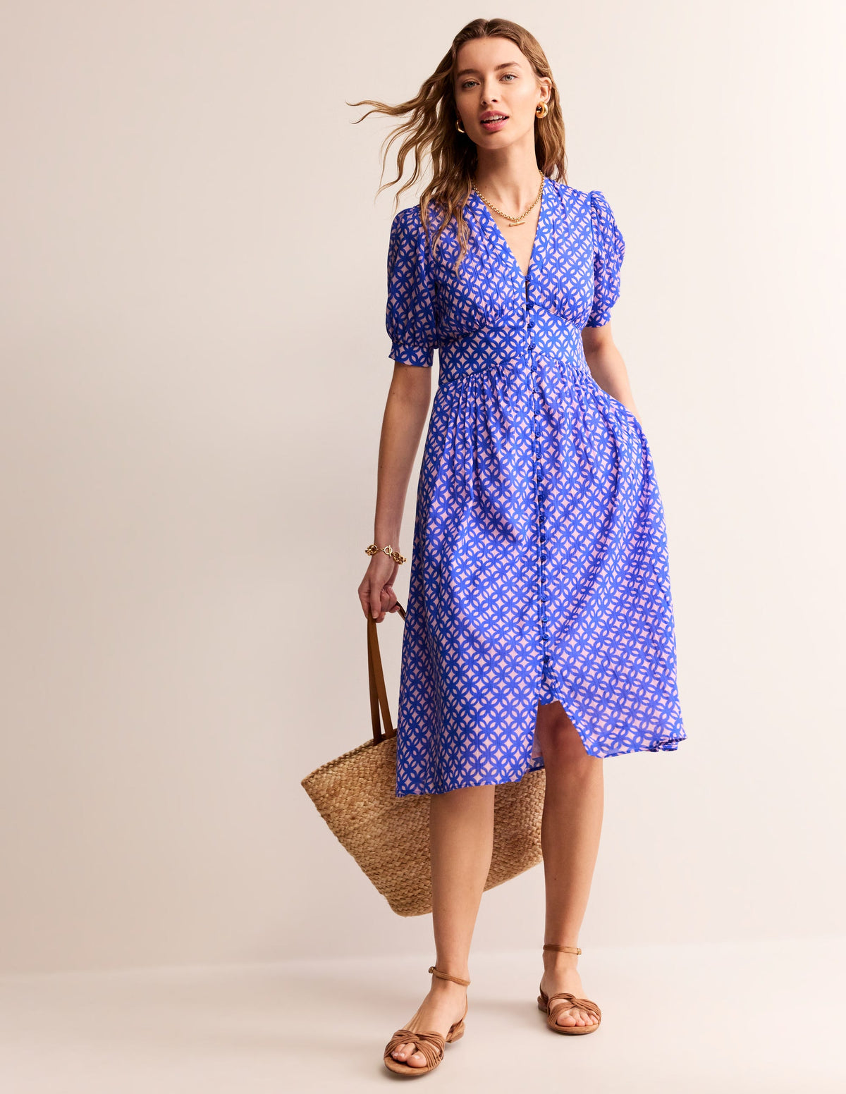 Elsa Crinkle Midi Tea Dress-Sweet Lilac, Trellis Geo - Image 1