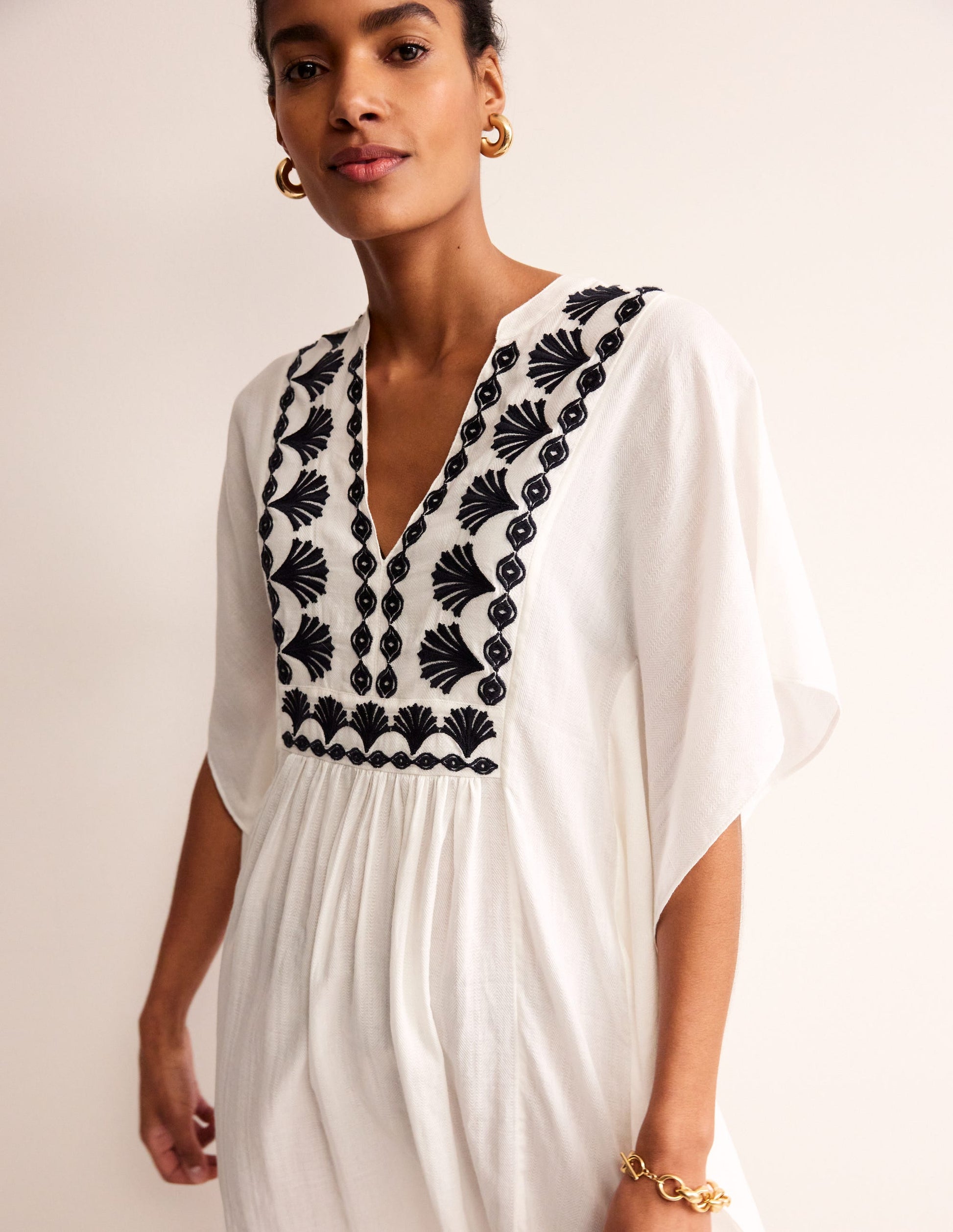 Bestickter Kaftan mit V-Ausschnitt-Naturweiß-2