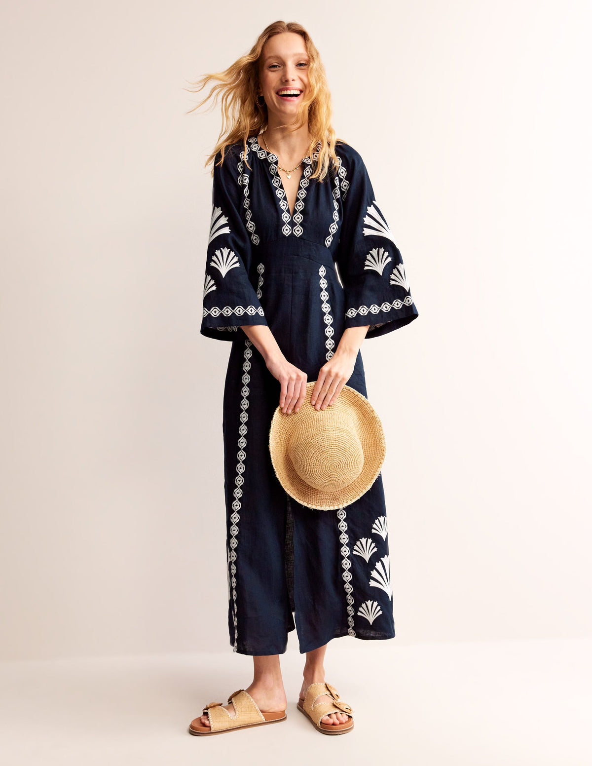 Una Midikleid aus Leinen-Marineblau-1