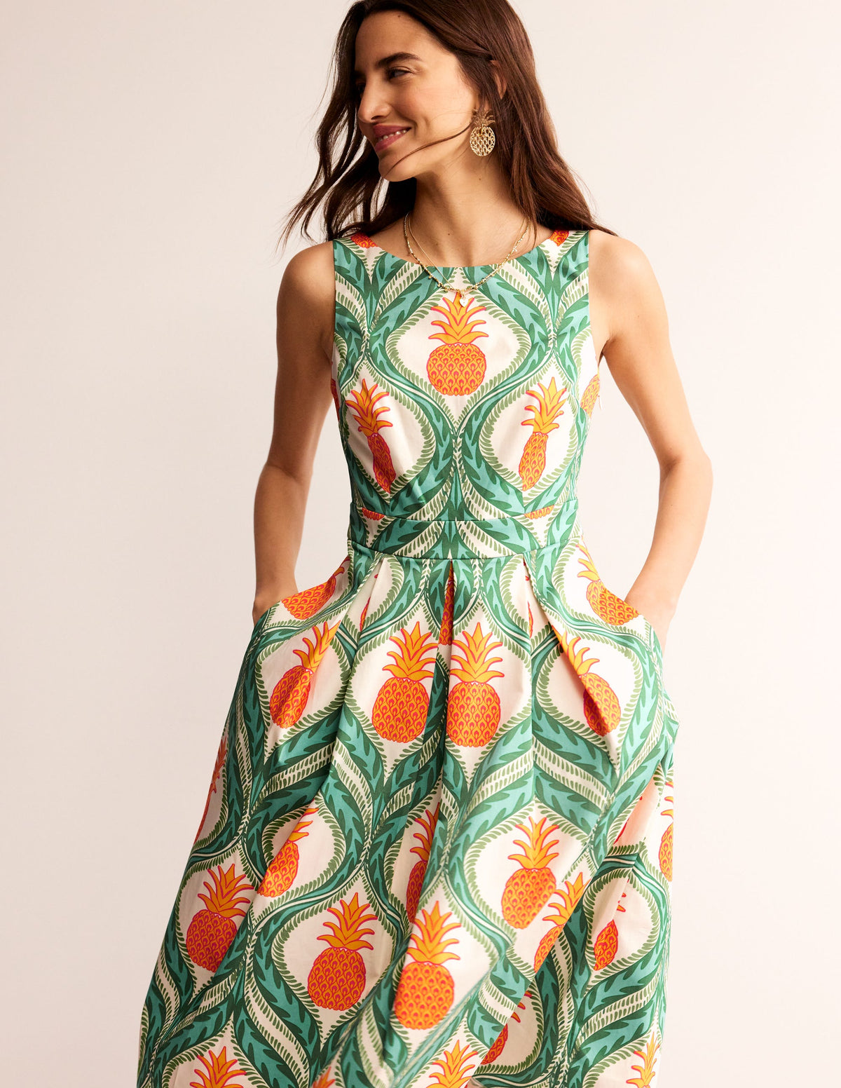 Robe midi plissée sans manches-Vert tambourin, ananas-1