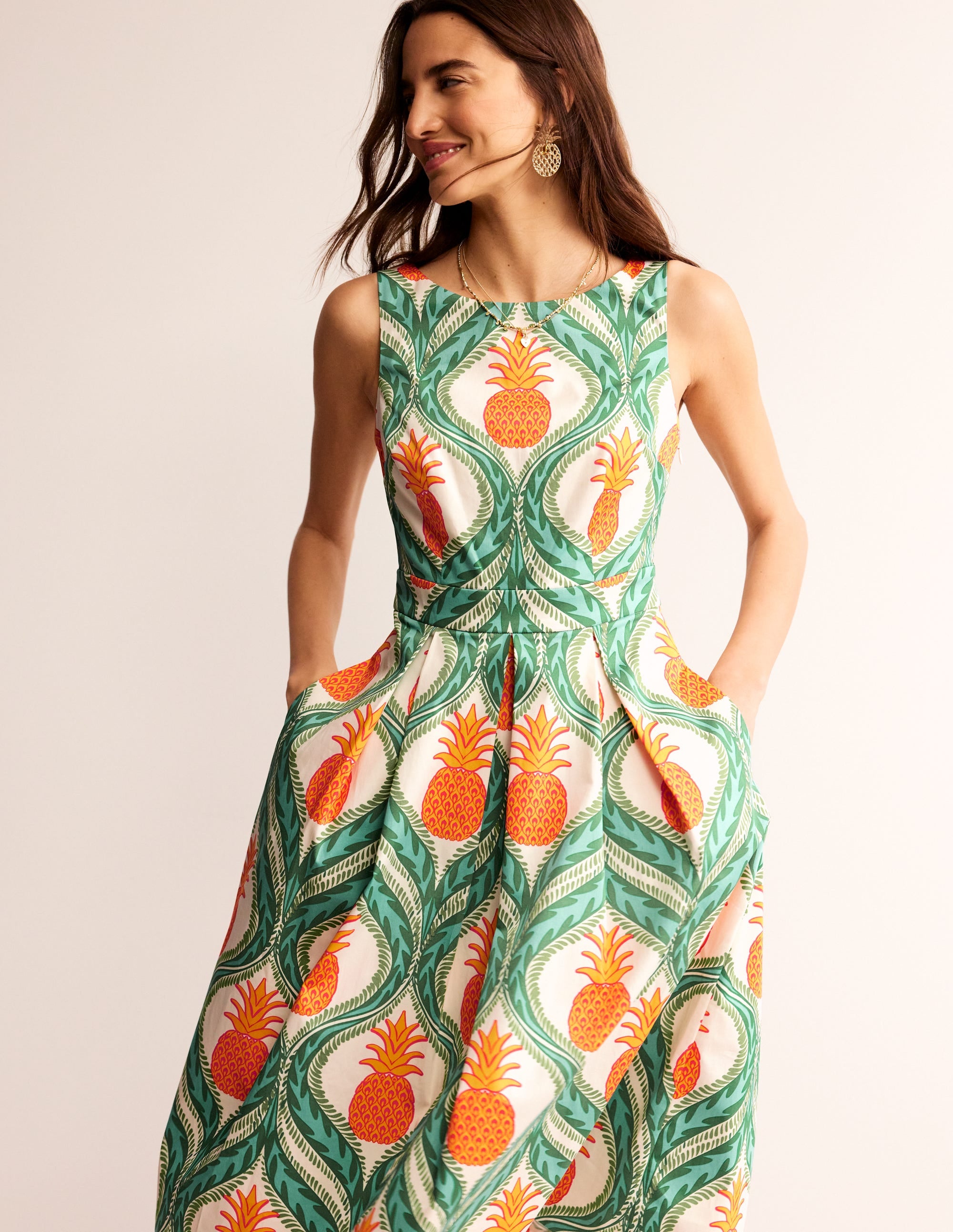 Robe midi plissée sans manches-Vert tambourin, ananas - Image 1