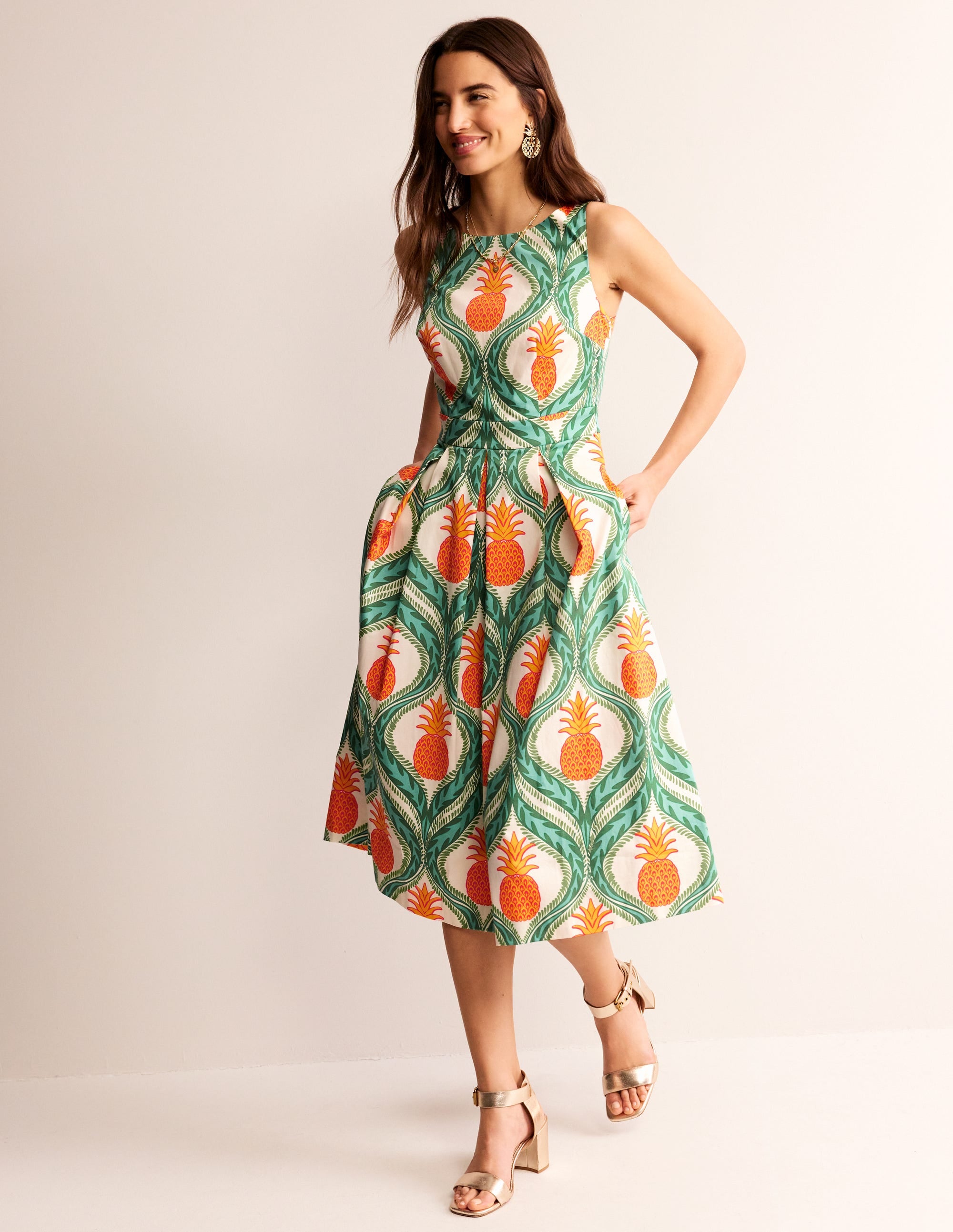 Robe midi plissée sans manches-Vert tambourin, ananas - Image 5