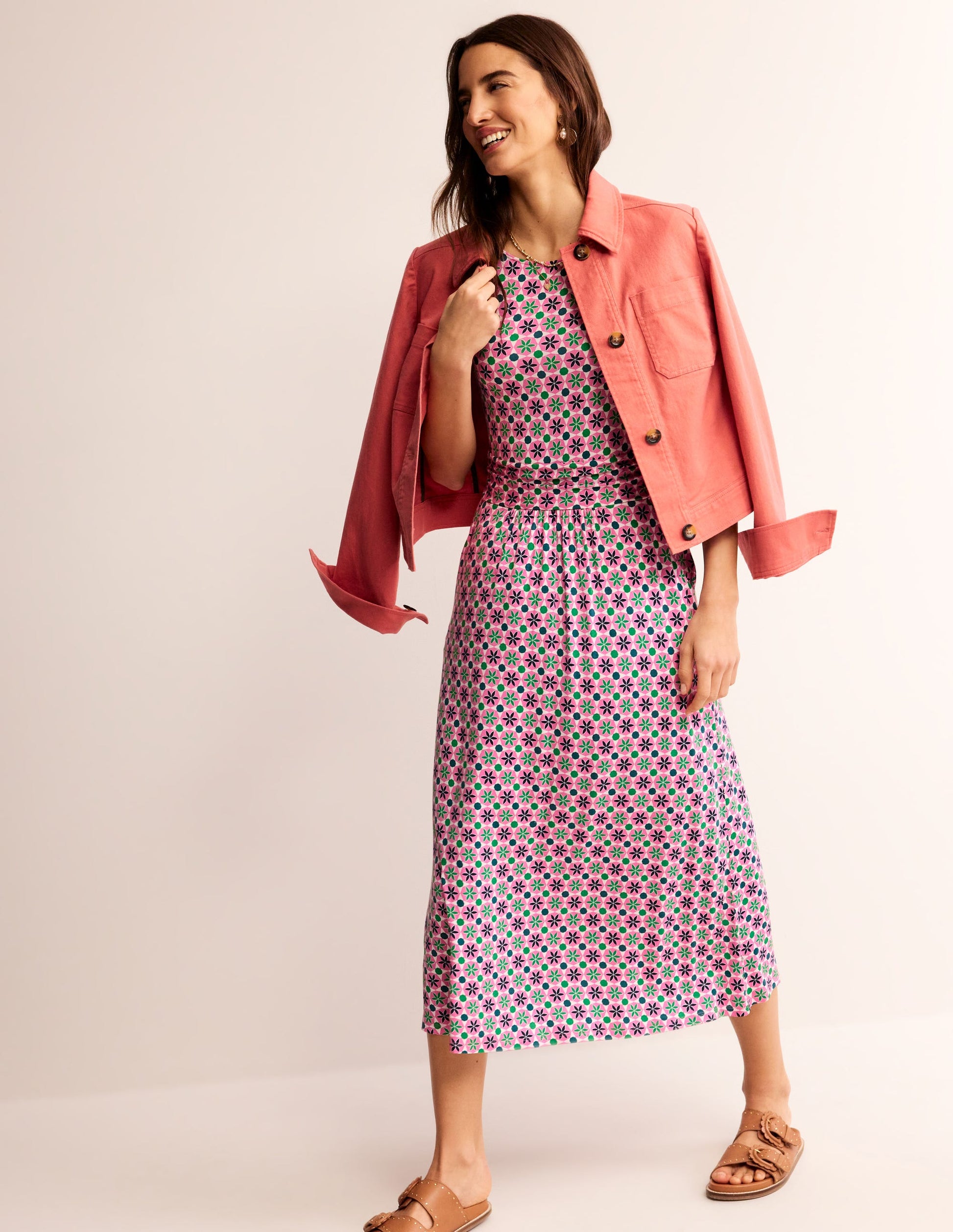 Robe midi Amelie en jersey-Rose puissant, motif Botanic Tile-1