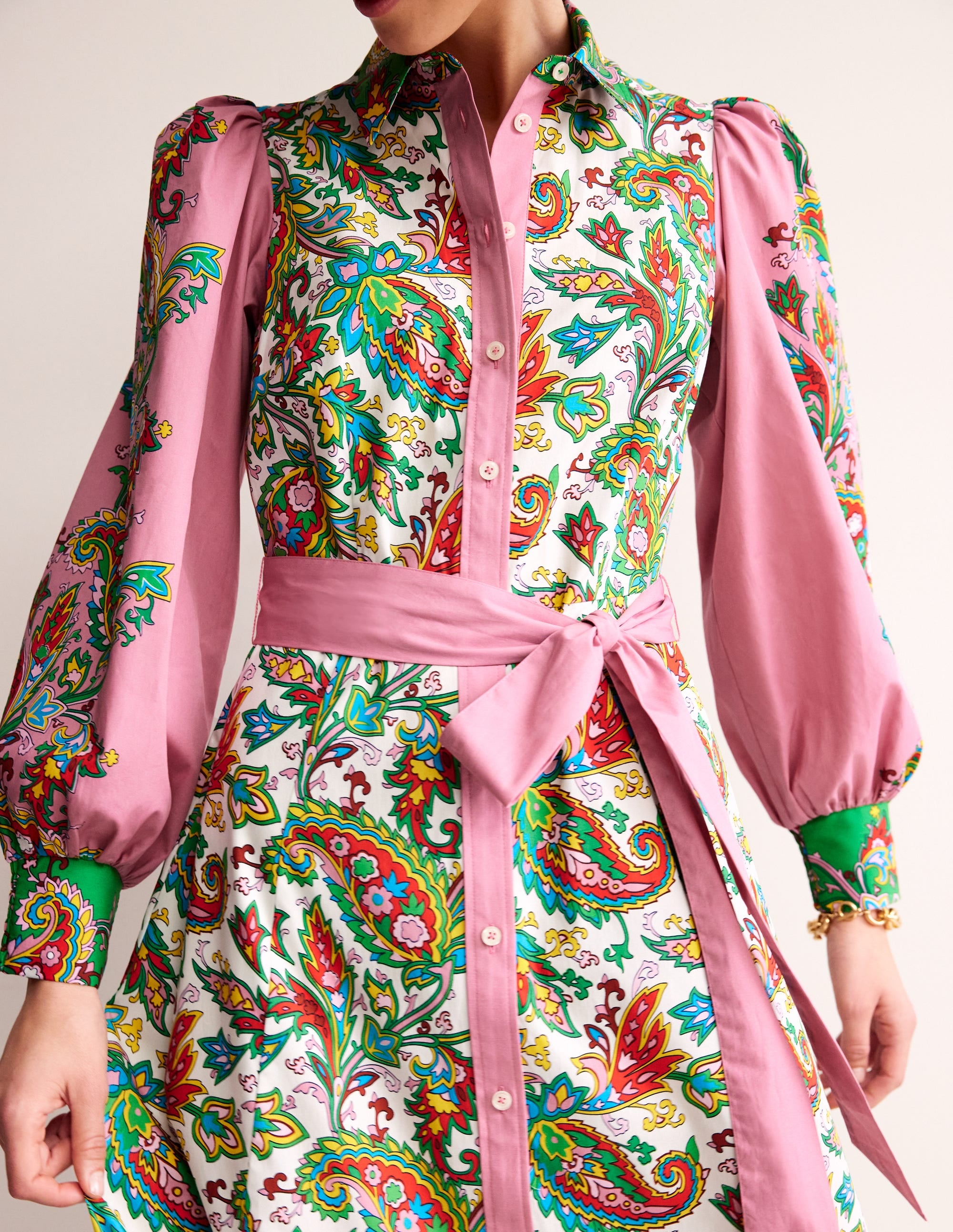 Cotton Midi Shirt Dress-Ivory, Paisley Azure - Image 3