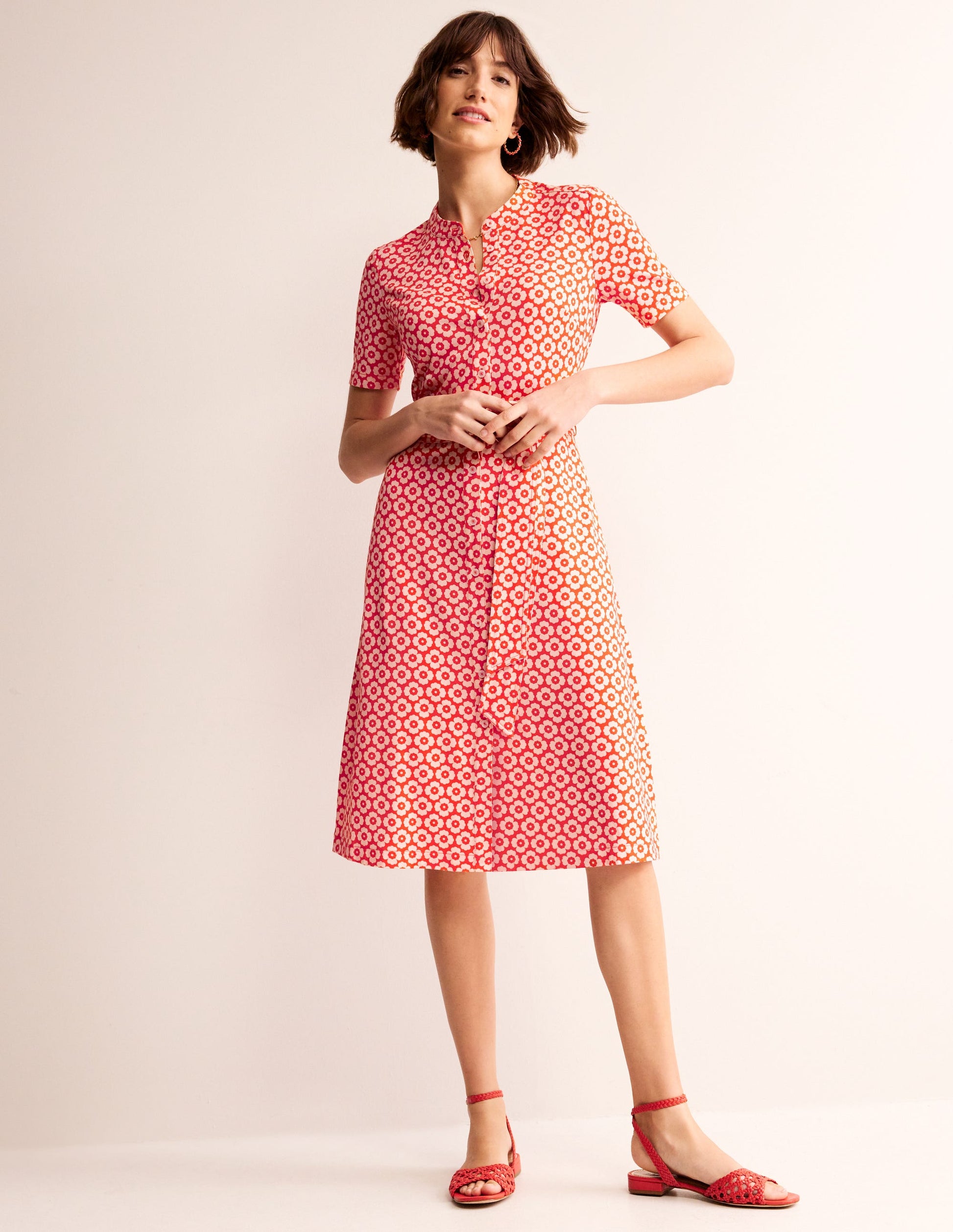 Julia Hemdblusenkleid mit kurzen Ärmeln-Flammenrot, Primel-Muster-1
