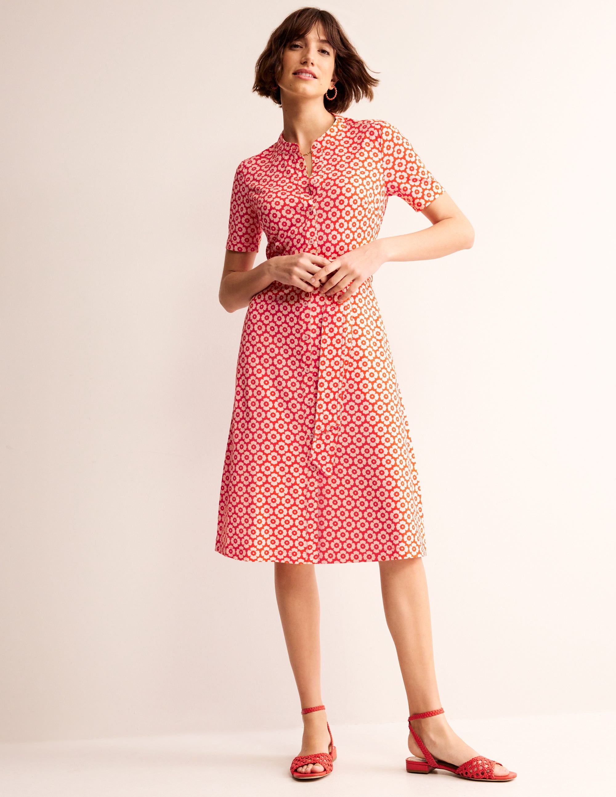 Julia Hemdblusenkleid mit kurzen Ärmeln-Flammenrot, Primel-Muster - Image 1