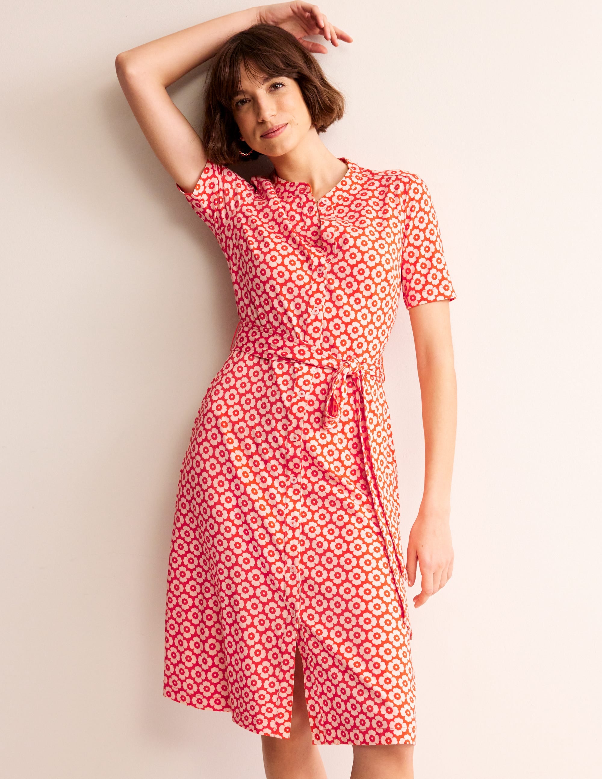 Julia Hemdblusenkleid mit kurzen Ärmeln-Flammenrot, Primel-Muster - Image 4